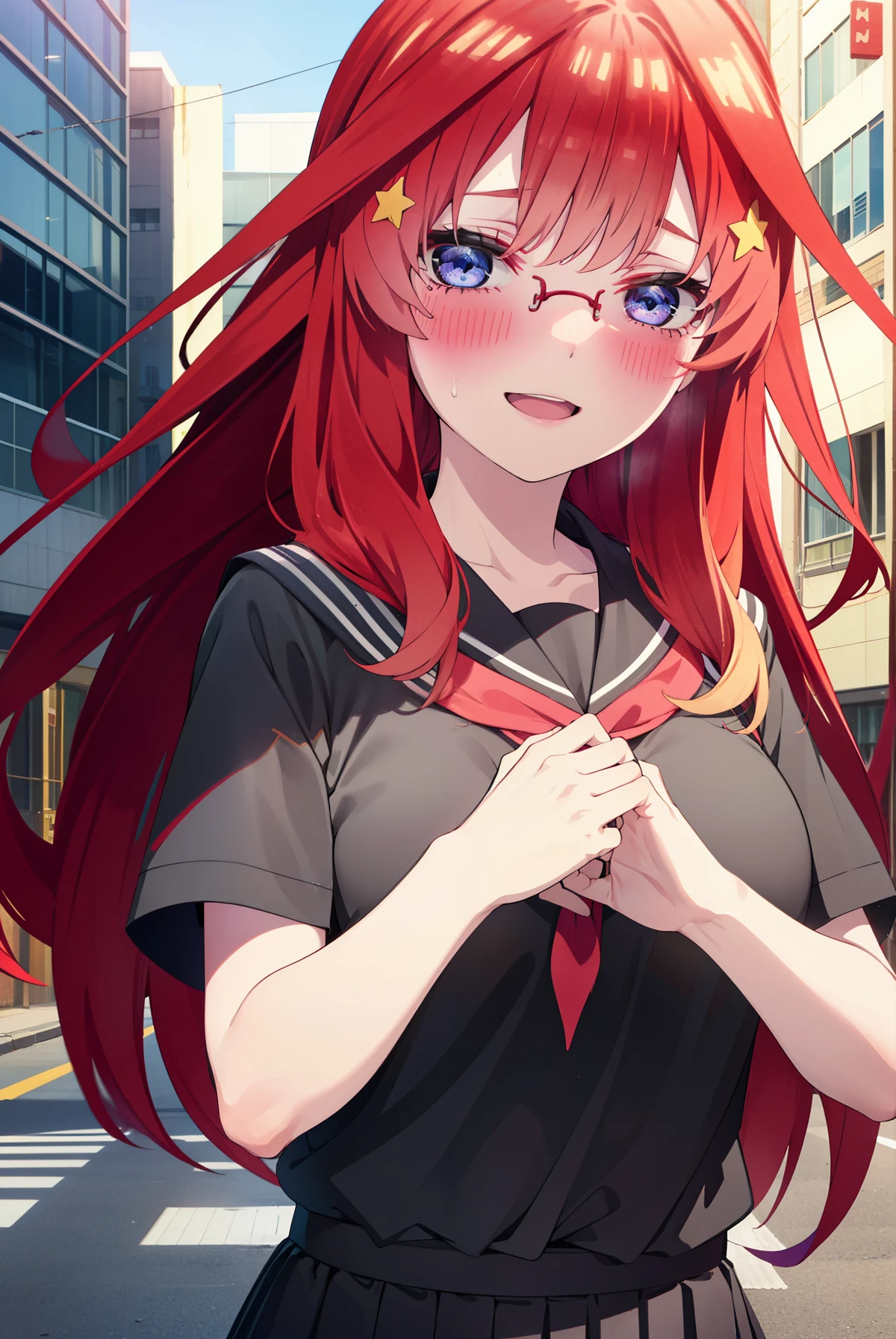 itsukinakano, Itsuki Nakano, bangs, blue eyes, Hair between the eyes, Ahoge, Redhead, star \(symbol\), hair ornaments, star 髪飾,blush,smile、happy smile, smile, Open your mouth,Akagi glasses,Big Breasts,Japan High School Girl(Black sailor suit),Short sleeve,black pleated skirt,Black knee-high socks,Brown loafers,Walking,morning,morning陽,The sun is rising,whole bodyがイラストに入るように,Walking上から見下ろす,
break outdoors, In town,Building district,
break looking at viewer, whole body,
break (masterpiece:1.2), highest quality, High resolution, unity 8k wallpaper, (figure:0.8), (Beautiful fine details:1.6), Highly detailed face, Perfect lighting, Highly detailed CG, (Perfect hands, Perfect Anatomy),
