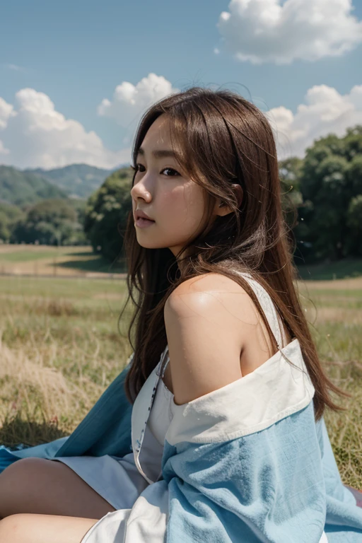 1 korean girl, 8k, realistic, shoulder view, long brown hair, sitting on blanket in grass, blue sky, white clouds, close up