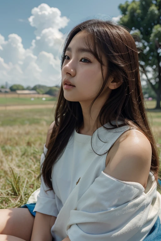 1 korean girl, 8k, realistic, shoulder view, long brown hair, sitting on blanket in grass, blue sky, white clouds, close up