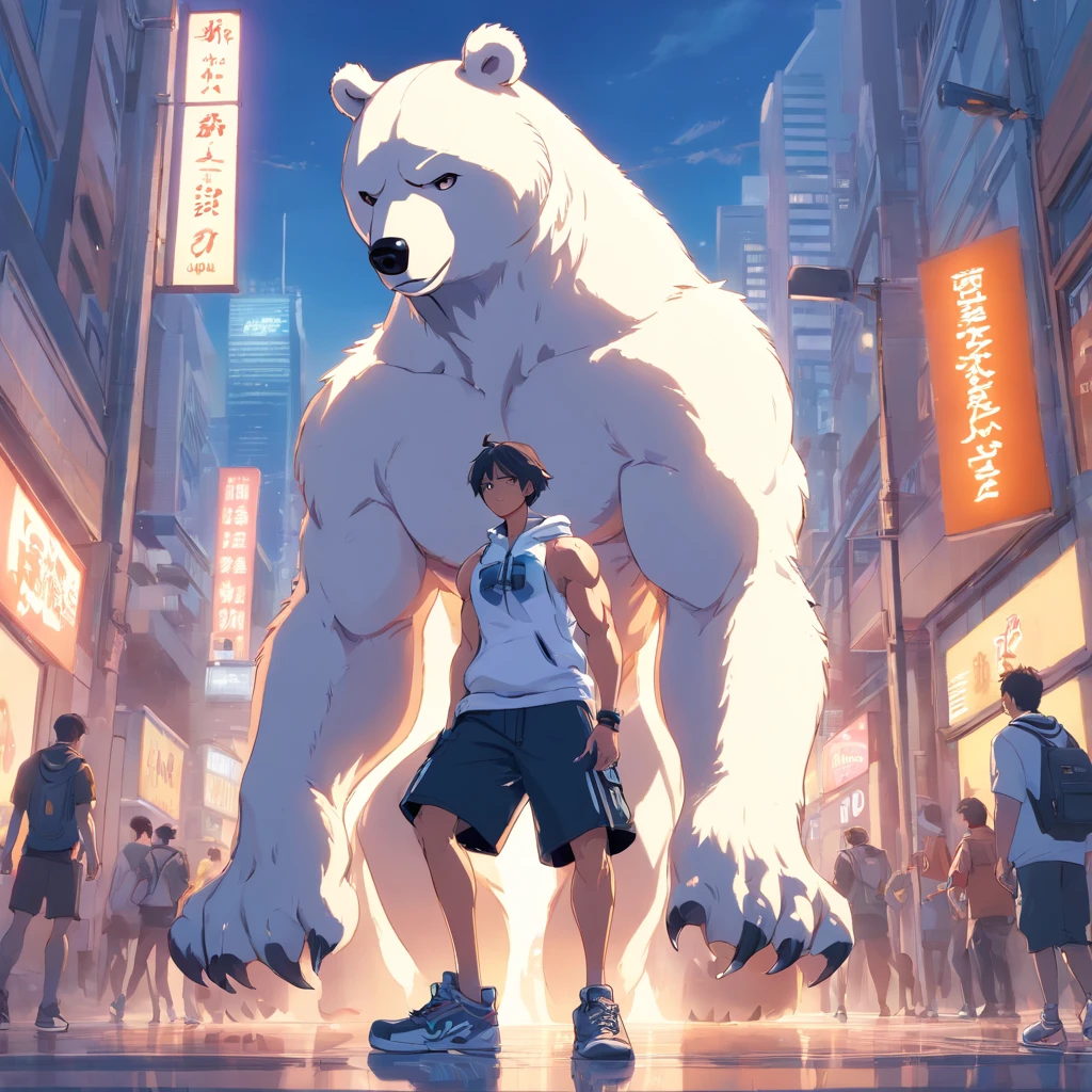 ((foto crua)), ((obra-prima)), Anthropomorphic humanoid white bear wearing (((roupas de streetwear))), caminhando furiosamente entre as pessoas, detalhe intrincado, intricate Greebles pieces, city behind, corpo musculoso, (((large muscles))), muscular arms, (small head), Ogro monstruoso, Titan soft lighting, Hiper realista, soft-lighting, Ambiente sinistro