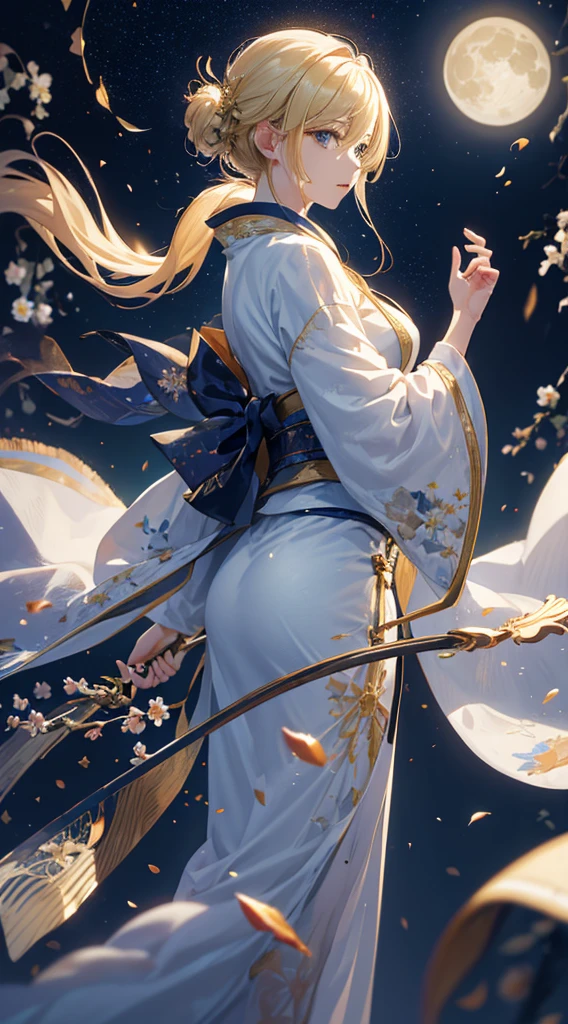 masterpiece, high quality, 4K, Beautiful design, silhouette,blonde,, 非常に詳細な夜のStarry Sky,Flower Field, wonderful, Finer details, Very knowledgeable woman, Highly detailed solo, 1 female,Beautiful Eyes,tears,Big Breasts,White kimono,Night view,Starry Sky,full moon,