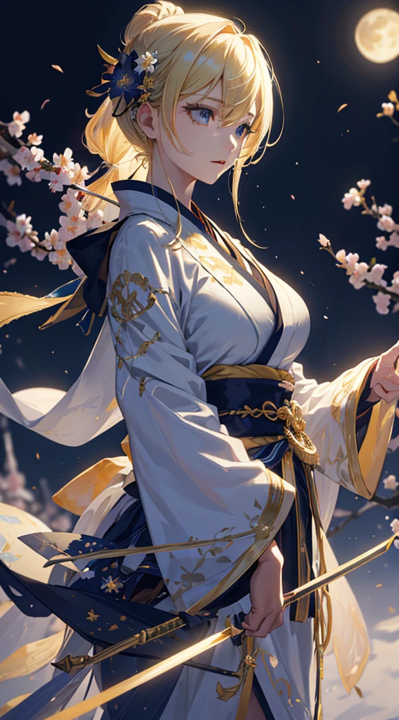 masterpiece, high quality, 4K, Beautiful design, silhouette,blonde,, 非常に詳細な夜のStarry Sky,Flower Field, wonderful, Finer details, Very knowledgeable woman, Highly detailed solo, 1 female,Beautiful Eyes,tears,Big Breasts,White kimono,Night view,Starry Sky,full moon,