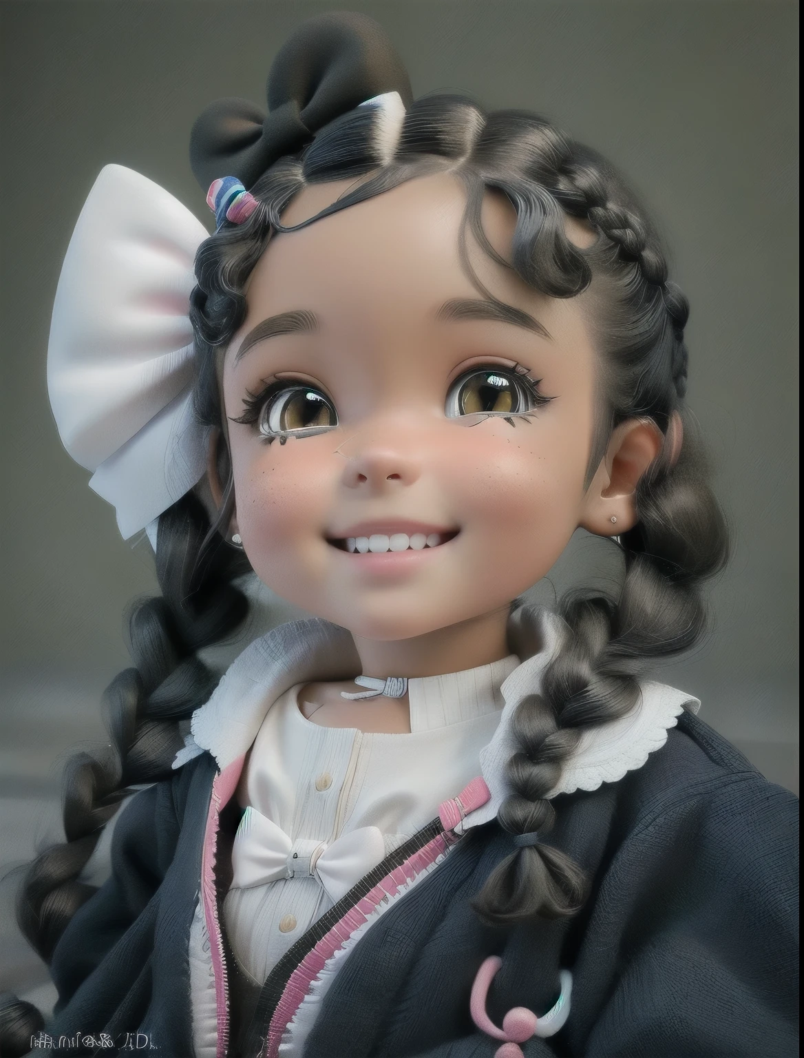 3D cartoon, a cute girl smiling, braids, white hairbow, toddler girl