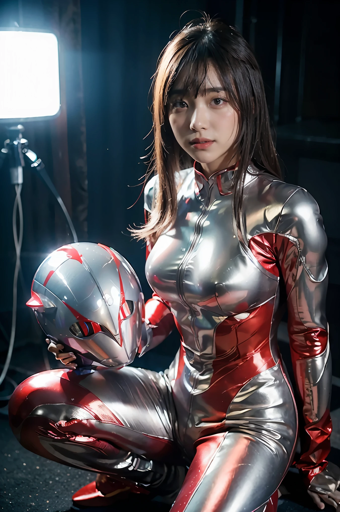 Ultraman、realistic、realistic、cinematic lighting, Girl in a shiny red and silver suit、15 years old、professional photos、Don&#39;Do not expose your skin, japanese model, japanese cgi、Ultraman Suit、, Power Rangers Suit、tight and thin cyber suit,Whole body rubbery、There&#39;s pink There、 delicate body, big breasts、small ass、thin thighs、thin arms、thin waist、camel toe、Both sides of the cyber suit stick to the skin、Big eyes、black short hair、facing the front、facing the front立っている、A glowing sphere is embedded in the chest.、Essay Examination、 blue sky background