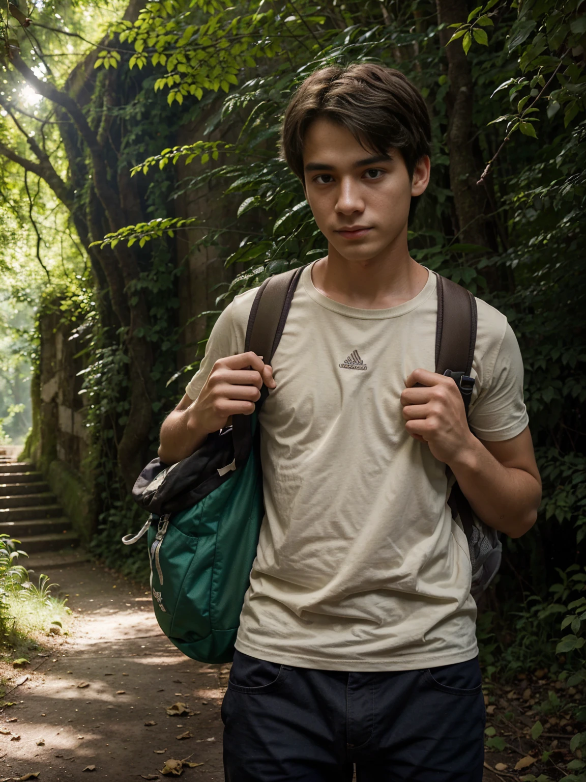 Illustrate the transformative moment of an 18-year-old boy standing at the precipice of adulthood, his backpack filled with essentials for his journey ahead. In the backdrop, a verdant forest beckons, its lush canopy promising both challenges and revelations. With a mix of excitement and trepidation, he gazes into the unknown, his eyes reflecting the untamed spirit of youth yearning for adventure. Each detail, from the sunlight filtering through the foliage to the rustle of leaves in the breeze, contributes to the palpable sense of anticipation that fills the air, capturing the essence of youthful exploration and discovery."make it very detailed 