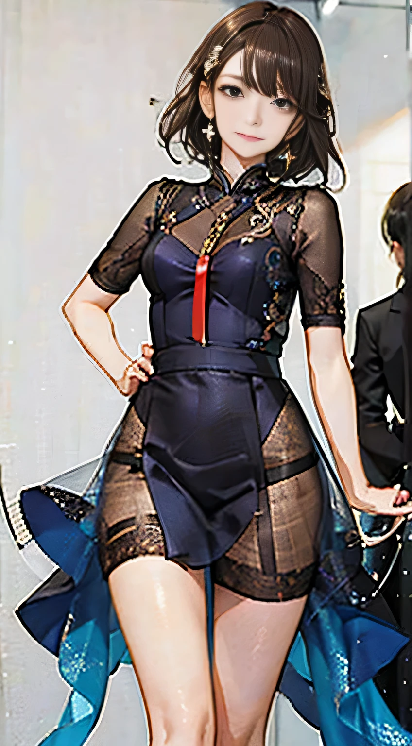 highest quality, masterpiece, One woman、 whole body, Very delicate and beautiful woman, 8K Wallpaper, Beautiful fine details, Beautiful sparkle, Cinematic lighting、27 years old、Idol、sexy、Colorful costumes、Red Line、Tall beauty、Sadistic