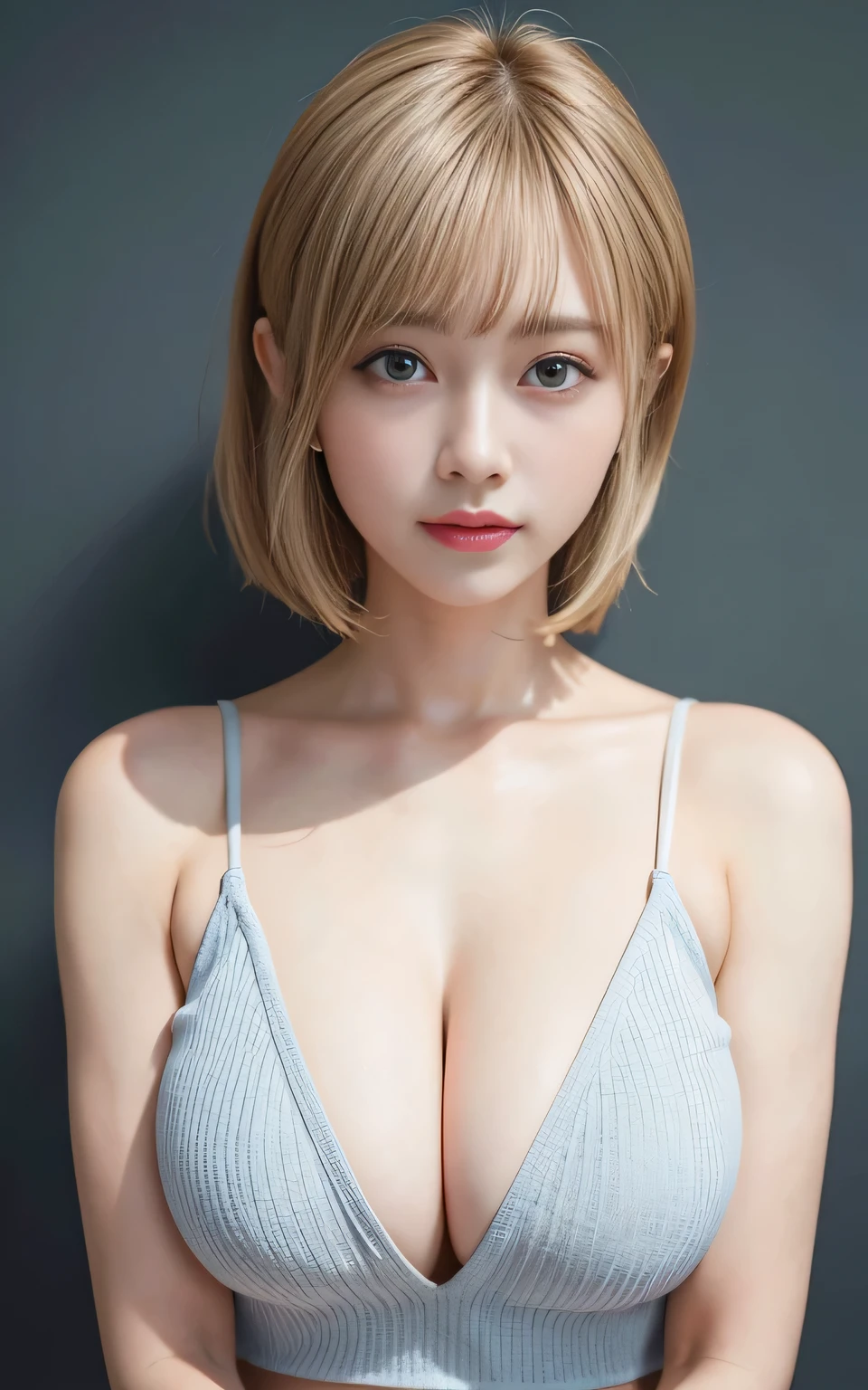 (8K quality、High resolution、Ultra-detailed、最high quality、masterpiece、high quality、Perfect dynamic composition,Gravure photo、Realistic:1.3)、Perfect lighting、One Woman、Detailed face、Detailed skin、Detailed eyes、Beautiful Face、Big Breasts、Grey Eyes、Blonde、Blonde、Blonde、Ultra short hair、Bowl cut hair、camisole、Emphasize the cleavage
