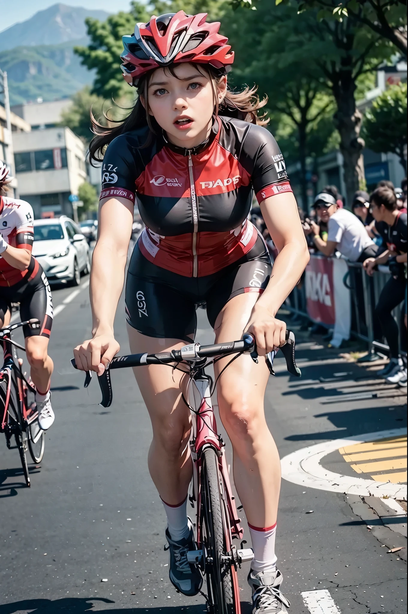 A road racer girl desperately trying to reach the finish line