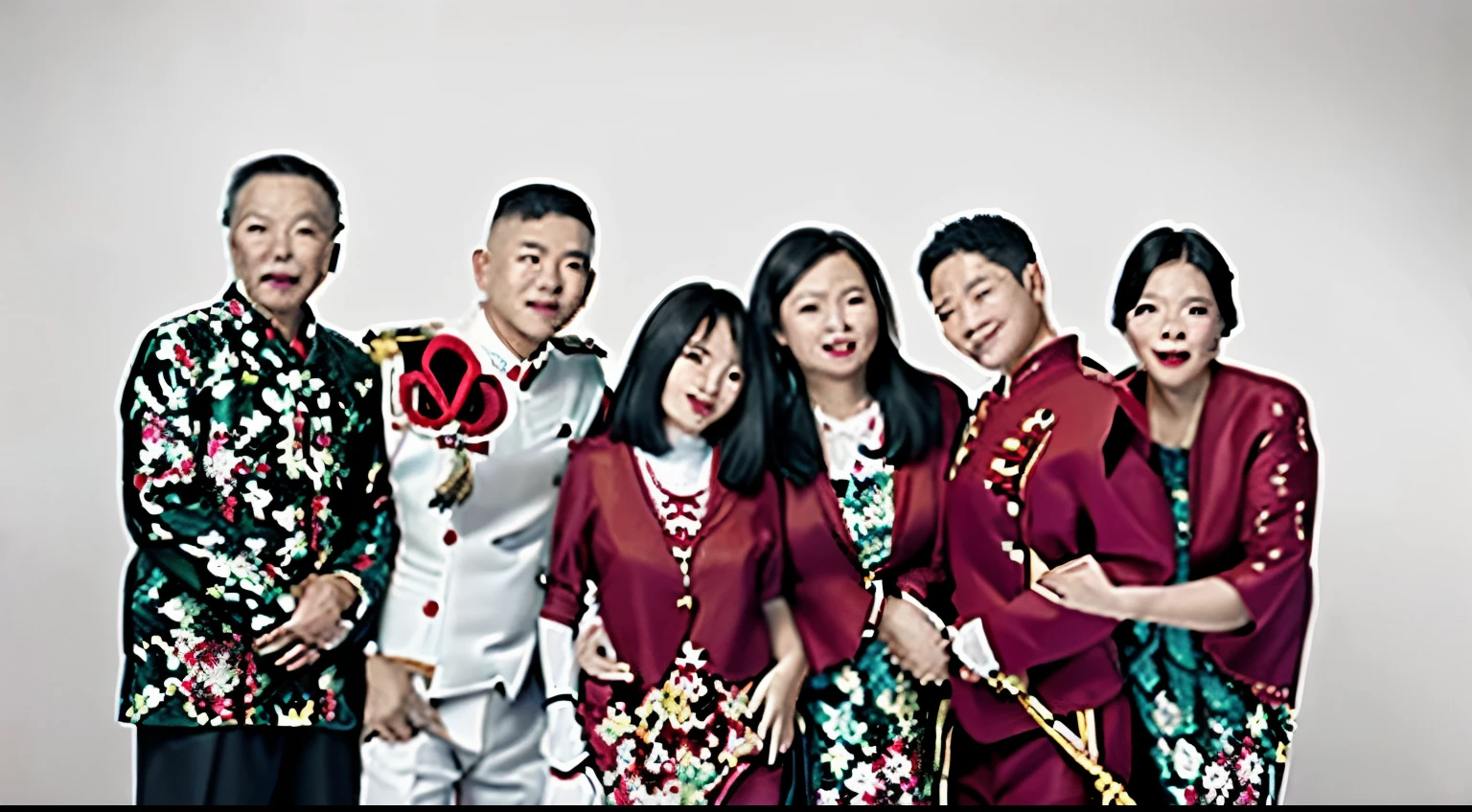 there are a group of people posing for a picture together, barong family, an indonesian family portrait, backdrop, barong family member, wearing red attire, inspired by Oka Yasutomo, family photo, family portrait, majestic masterpiece, photo shoot, wearing red formal attire, traditional art, potrait, profile pic, portrait n - 9, fanart, happy family