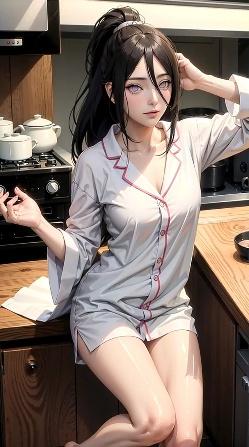 hyuuga hanabi, long hair tied low, hair band, hana purple eyes, beautiful, beautiful woman, perfect body, perfect breasts, wearing white pajamas, pajamas, sleepwear, sitting in the kitchen, clear kitchen, looking at the audience, a slight smile, realism, masterpiece , textured leather, super detail, high detail, high quality, best quality, 1080p, 16k