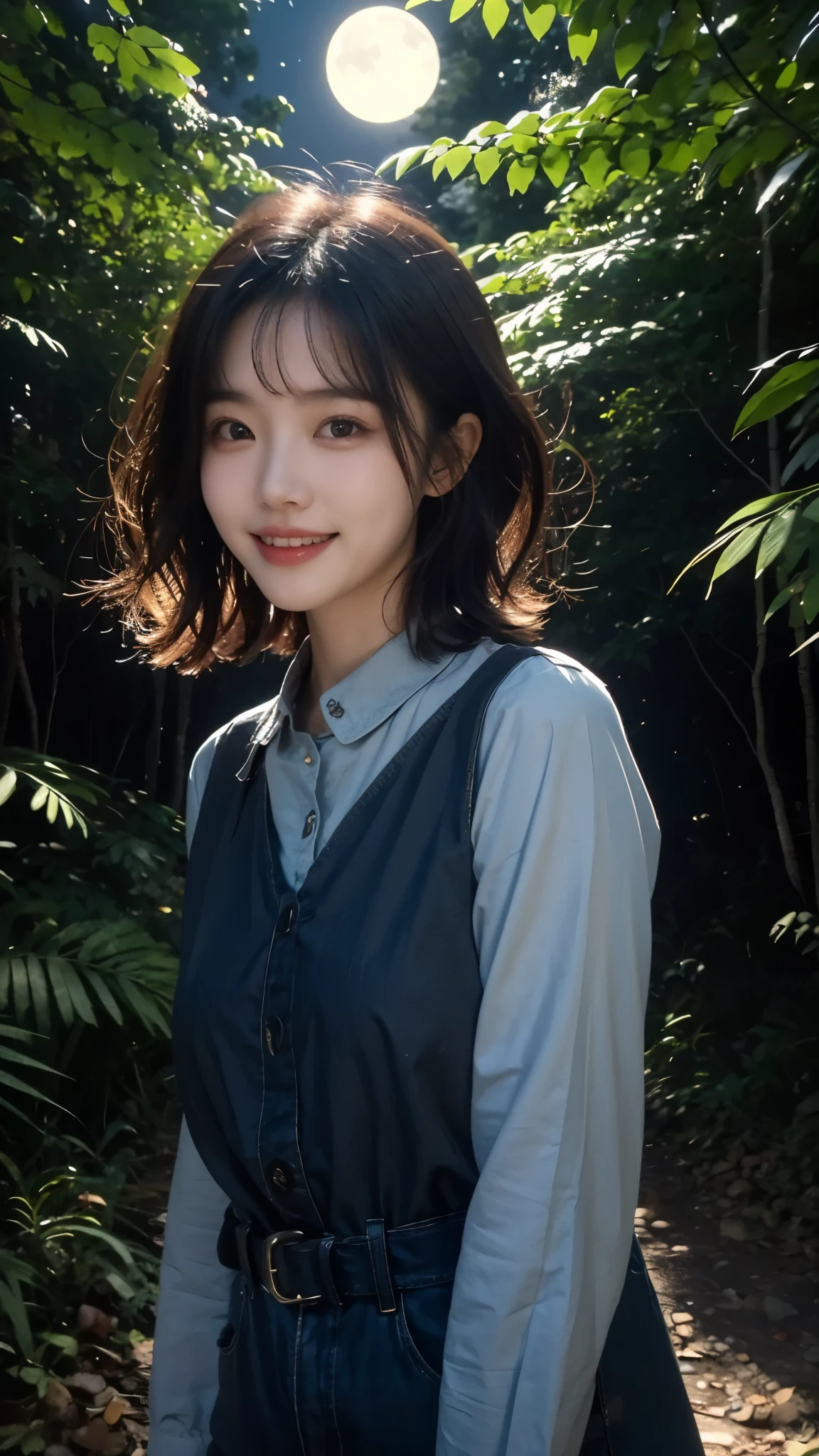 (Best image quality, 8k, ultra high definition:1.5)、Korean woman, in the forest, dark, night, smile, short hair, perm