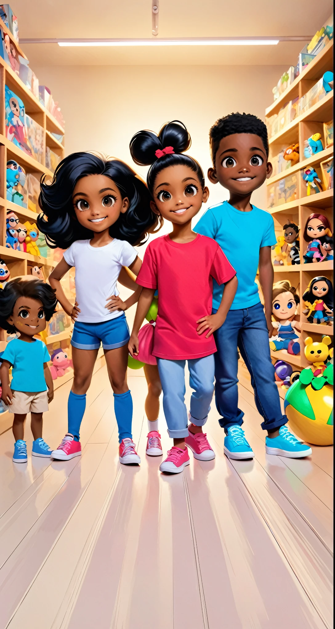 Four black children between 10 and ************, sendo 2 ******s e uma ,  com tshirts brancas sorridentes , with lots of toys at your feet, like superhero dolls, bicicletas, bonecas barbie, bolas de futebol e embrulhos de presente e sacos cheio de outros brinquedos em formato de cartoon tipo pixar, They are in a studio with nothing on the walls that are completely white and they are posing happily for a photo for Children&#39;s Day.  Cabelos crespos, cabelos encaracolados, muitos brinquedos ao fundo  nas prateleiras brancas