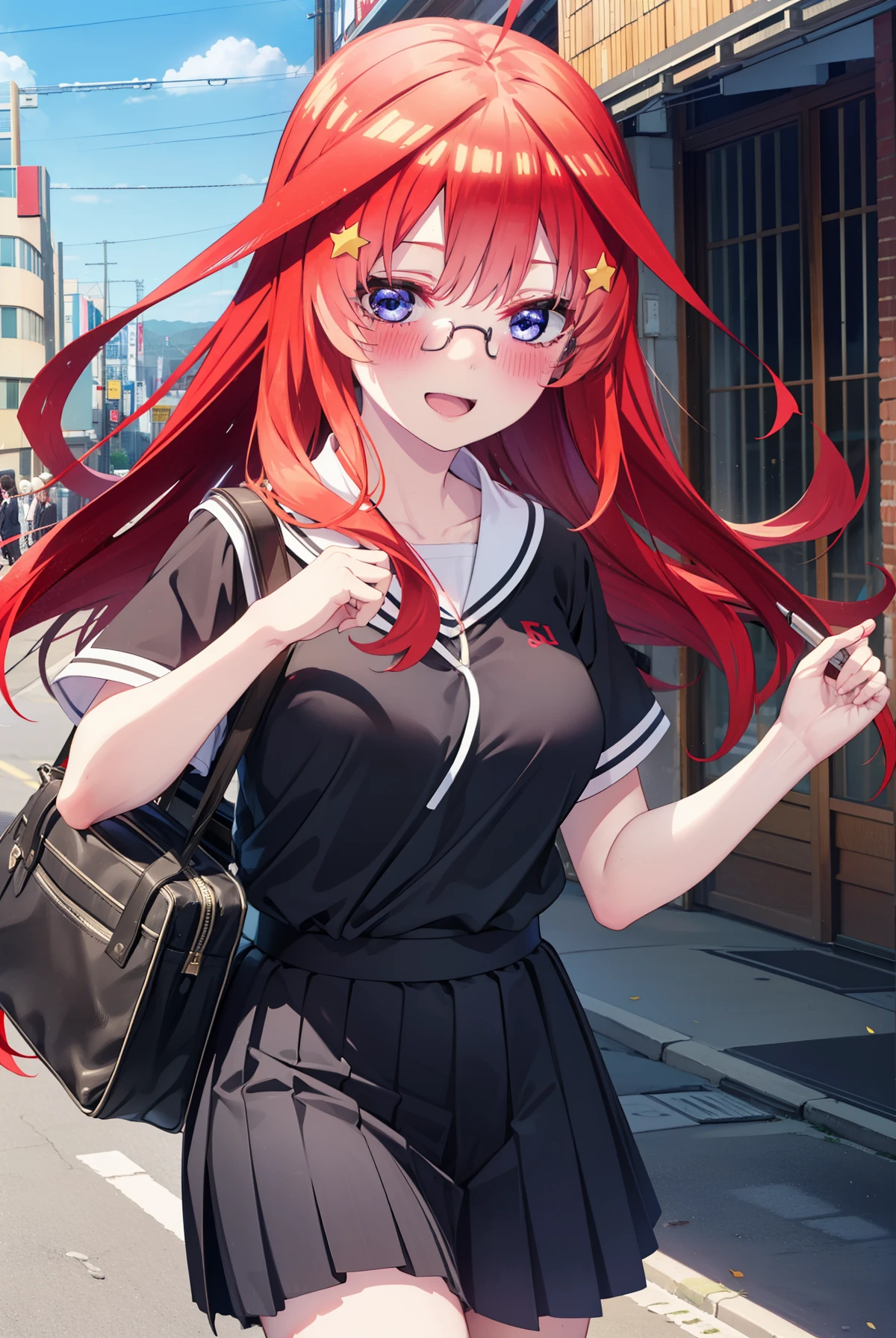 itsukinakano, Itsuki Nakano, bangs, blue eyes, Hair between the eyes, Ahoge, Redhead, star \(symbol\), hair ornaments, star 髪飾,blush,smile、happy smile, smile, Open your mouth,Akagi glasses,Big Breasts,Japan High School Girl(Black sailor suit),Short sleeve,black pleated skirt,Black knee-high socks,Brown loafers,Walking,morning,morning陽,The sun is rising,whole bodyがイラストに入るように,Walking上から見下ろす,
break outdoors, In town,Building district,
break looking at viewer, whole body,
break (masterpiece:1.2), highest quality, High resolution, unity 8k wallpaper, (figure:0.8), (Beautiful fine details:1.6), Highly detailed face, Perfect lighting, Highly detailed CG, (Perfect hands, Perfect Anatomy),