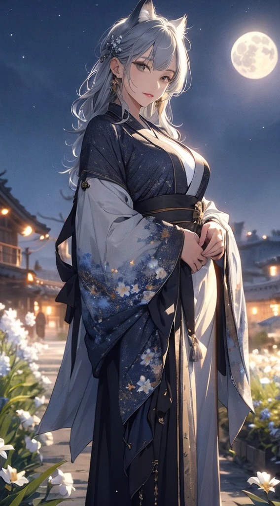 masterpiece, high quality, 4K, Beautiful design, silhouette,Gray Hair, 非常に詳細な夜のStarry Sky,Flower Field, wonderful, Finer details, Very knowledgeable woman, Highly detailed solo, 1 female,Glossy skin texture,Cat ear,Big Breasts,kimono,Night view,Starry Sky,full moon,