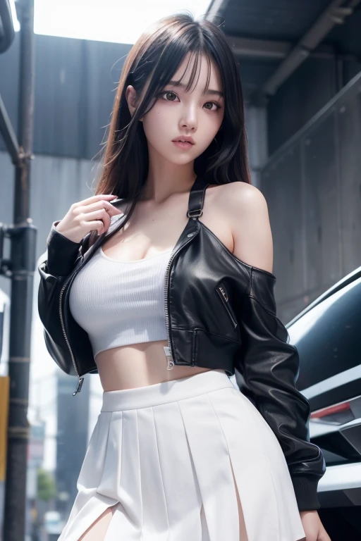 masterpiece、1 Beautiful Girl、A detailed face、A detailed eye、Detailed skin、top-quality、japanes、Illuminated from the front with bright lighting、profetional lighting、The background is a little blurry、short-hair(poneyTail)、The costume is black leather jeans(The front zipper is always open./Plain white T-shirt underneath)and black leather pants、Punkish girl、Tattoo of a star on the face、A glaring look、Angry、The background is an abandoned building、There is a guitar and a stand microphone beside it.、Wearing silver earrings、Wearing a silver necklace、
