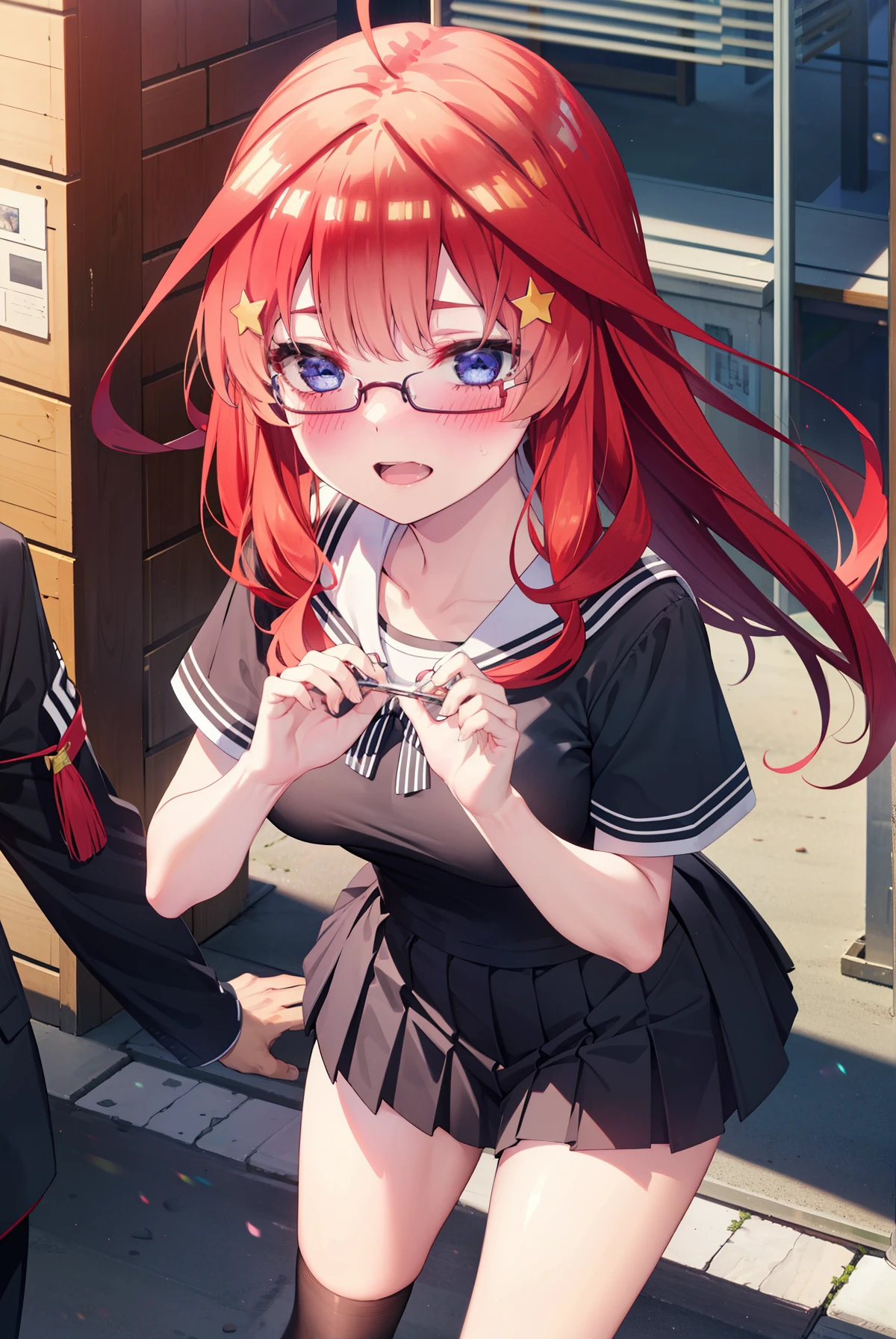 itsukinakano, Itsuki Nakano, bangs, blue eyes, Hair between the eyes, Ahoge, Redhead, star \(symbol\), hair ornaments, star 髪飾,blush,smile、happy smile, smile, Open your mouth,Akagi glasses,Big Breasts,Japan High School Girl(Black sailor suit),Short sleeve,black pleated skirt,Black knee-high socks,Brown loafers,Walking,morning,morning陽,The sun is rising,whole bodyがイラストに入るように,Walking上から見下ろす,
break outdoors, In town,Building district,
break looking at viewer, whole body,
break (masterpiece:1.2), highest quality, High resolution, unity 8k wallpaper, (figure:0.8), (Beautiful fine details:1.6), Highly detailed face, Perfect lighting, Highly detailed CG, (Perfect hands, Perfect Anatomy),