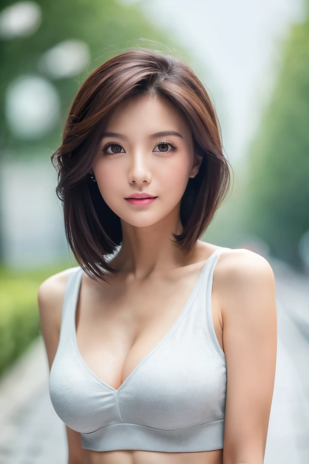 ((best quality, 8K, masterpiece: 1.3)), focus: 1.2, Perfect body beauty: 1.4, Hips: 1.2, ((Layered Hairstyle)), (Casual Wear: 1.1), (rain, street:1.3), (breast: 1.2), Bare shoulders, Highly detailed face and skin textures, beautiful eyes, Double eyelids, Skin Whitening, Various hairstyles, (Bokeh background: 1.5), Medium breast, The waist is extremely thin