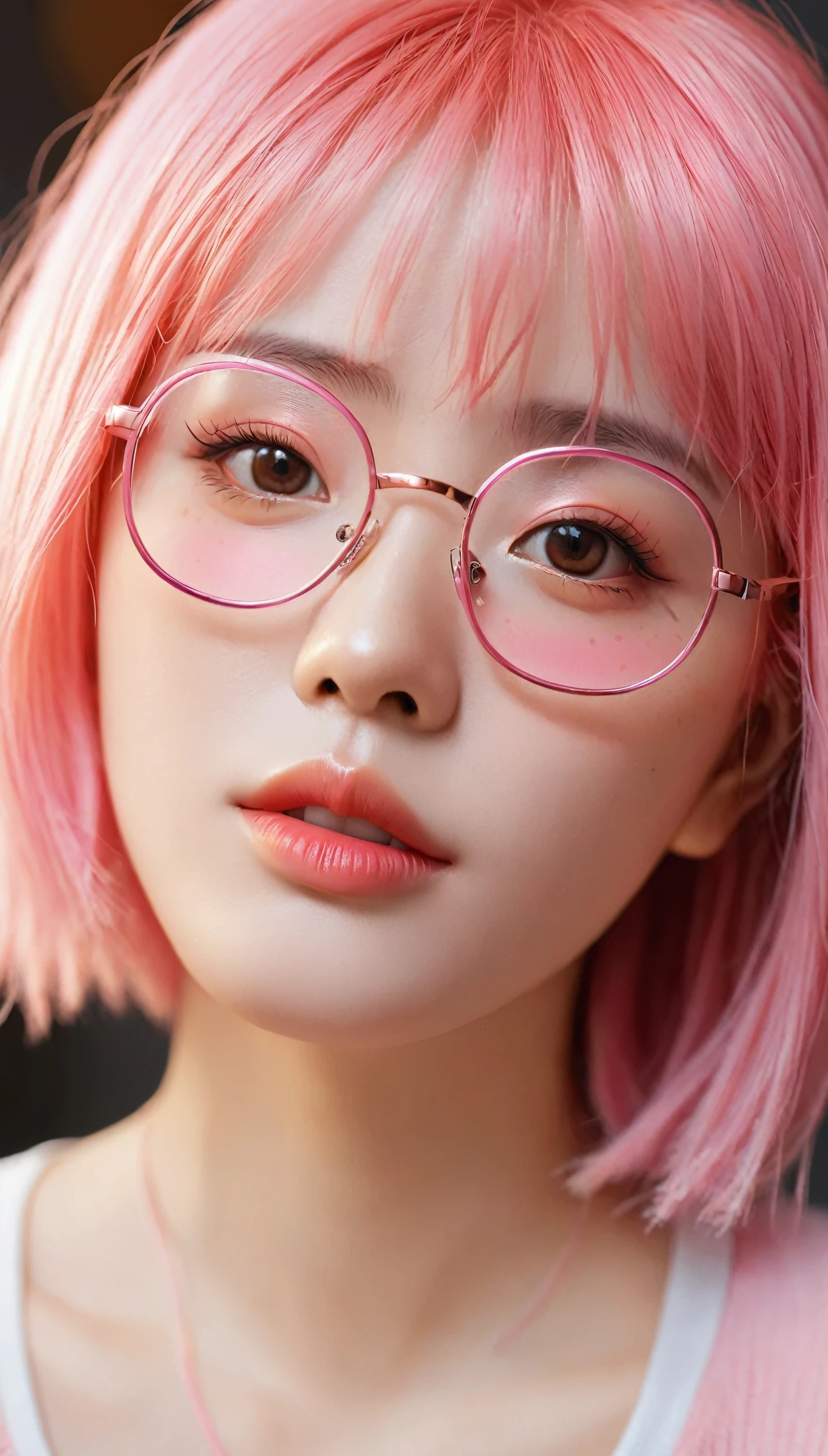 Close-up of a woman with pink hair wearing glasses, artwork in Gouwez style, Gouwez, Kawaii realistic portrait, Inspired by Cheng Yanjun, glowing pink face, pink girl, Beautiful anime portrait, pink glasses, glowing pink eyes, Realistic anime 3D style, Yanjuncheng, realistic anime artstyle, ((pink)8K