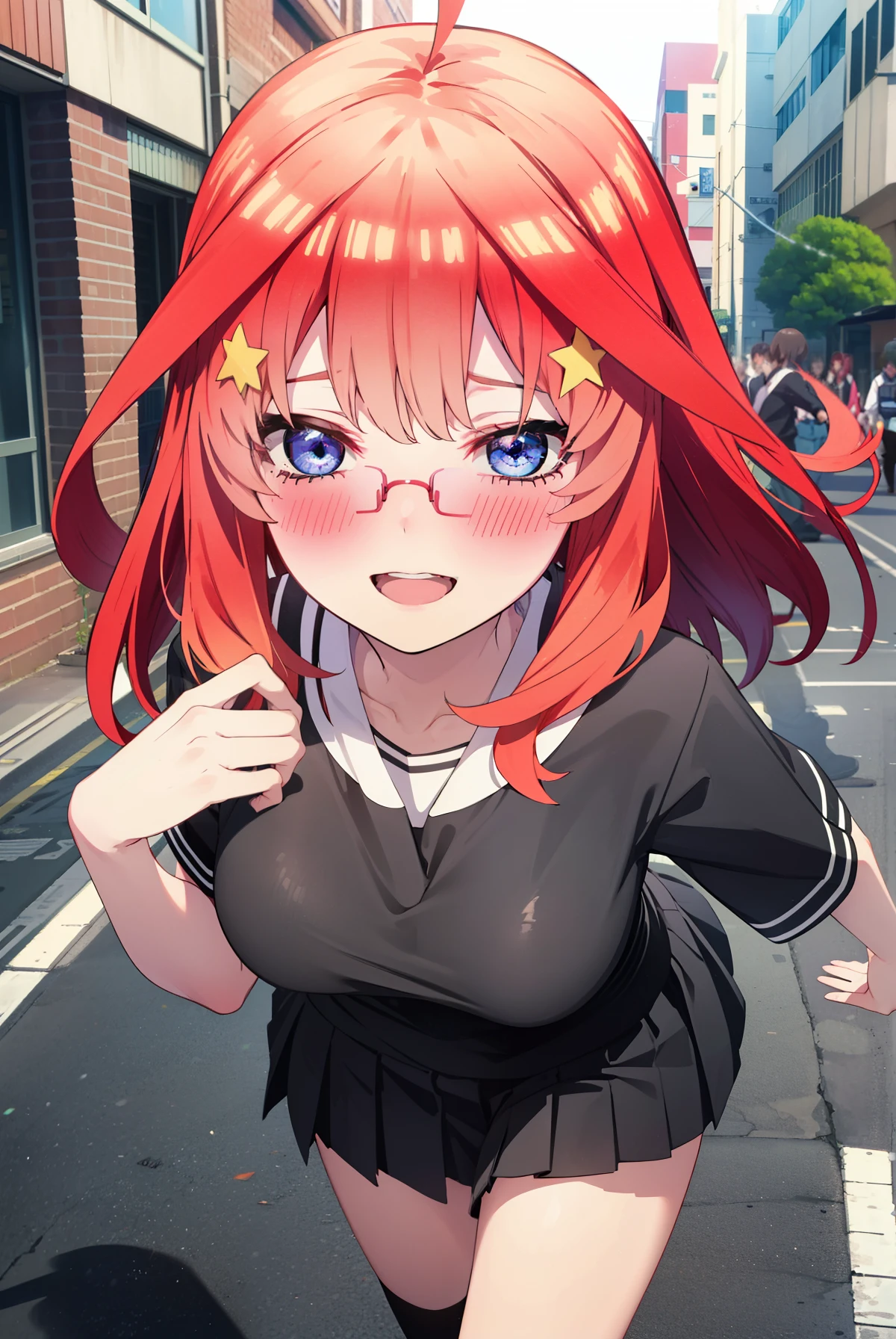 itsukinakano, Itsuki Nakano, bangs, blue eyes, Hair between the eyes, Ahoge, Redhead, star \(symbol\), hair ornaments, star 髪飾,blush,smile、happy smile, smile, Open your mouth,Akagi glasses,Big Breasts,Japan High School Girl(Black sailor suit),Short sleeve,black pleated skirt,Black knee-high socks,Brown loafers,Walking,morning,morning陽,The sun is rising,whole bodyがイラストに入るように,Walking上から見下ろす,
break outdoors, In town,Building district,
break looking at viewer, whole body,
break (masterpiece:1.2), highest quality, High resolution, unity 8k wallpaper, (figure:0.8), (Beautiful fine details:1.6), Highly detailed face, Perfect lighting, Highly detailed CG, (Perfect hands, Perfect Anatomy),