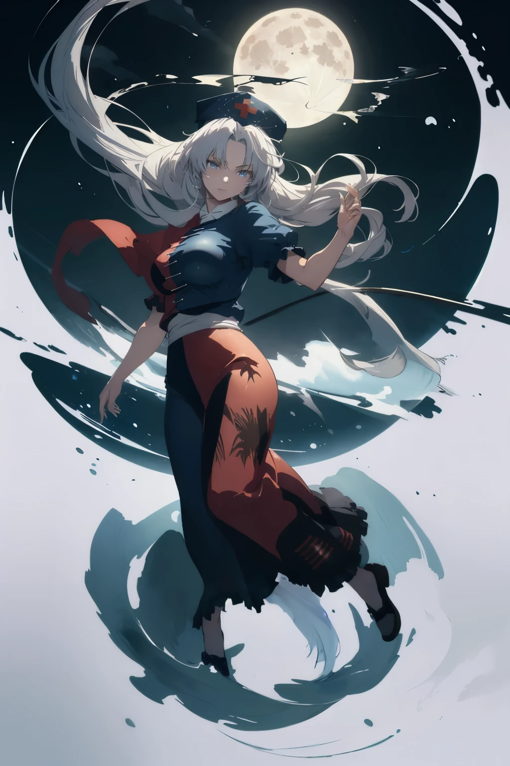 masterpiece, best quality, illustration, 1girl, solo, yagokoro eirin, (white long hair), braid hair, (nurse cap:1.2), sharp eyes, (vivid color), light, thick smoke:1.6, (floating white ink:1.8), Cyan flame, (beautiful and clear background:1.25), (depth of field:0.7), Dreamlike, (highres:1.2), (ultra-detailed:1.2), (extremely detailed CG unity 8k wallpaper:1.2), (traditional media), (sketch:1.1), finely detailed beautiful eyes and detailed face, 1bow, (full moon:1.2), starlight, Bowfight, dynamic colors, colorful, dynamic pose, dynamic angle, (full body:1.5), (evil look:1.5), Touhou, 1bow, holding 1bow, yagokoro eirin, big breasts, (detailed eyes), cute, beauty, HDR, 4K, nier anime style, harmony, fighting stance, yagokoro eirin