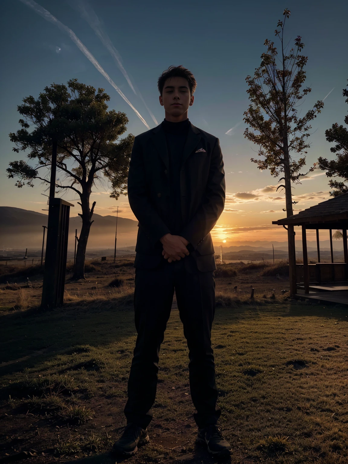 "Craft a visually striking scene capturing the essence of solitude and introspection, with an 18-year-old boy depicted as a shadowy figure against the backdrop of a resplendent sunset. The warm, golden hues of the setting sun envelop the landscape, casting long, dramatic shadows that stretch across the ground. Amidst this captivating scenery stands a solitary tree, its silhouette stark against the fiery sky, its branches reaching towards the heavens like gnarled fingers. 

The boy, rendered in shadowy contrast, exudes an air of quiet contemplation as he stands amidst the play of light and shadow. His posture is reflective, his gaze fixed on the horizon, as if pondering the mysteries of the universe. Despite the darkness that surrounds him, there is a sense of inner strength and resilience emanating from his form, a silent testament to the depths of his character. 

This juxtaposition of light and shadow, of solitude and serenity, invites viewers to pause and reflect on the fleeting beauty of the natural world, as well as the boundless potential that lies within each of us. It's a scene that speaks to the universal human experience of grappling with uncertainty and embracing the unknown, finding solace and strength in the midst of life's inherent challenges."