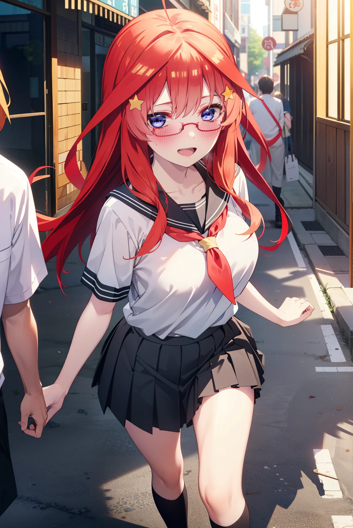 itsukinakano, Itsuki Nakano, bangs, blue eyes, Hair between the eyes, Ahoge, Redhead, star \(symbol\), hair ornaments, star 髪飾,blush,smile、happy smile, smile, Open your mouth,Akagi glasses,Big Breasts,Japan High School Girl(Black sailor suit),Short sleeve,black pleated skirt,Black knee-high socks,Brown loafers,Walking,morning,morning陽,The sun is rising,whole bodyがイラストに入るように,Walking上から見下ろす,
break outdoors, In town,Building district,
break looking at viewer, whole body,
break (masterpiece:1.2), highest quality, High resolution, unity 8k wallpaper, (figure:0.8), (Beautiful fine details:1.6), Highly detailed face, Perfect lighting, Highly detailed CG, (Perfect hands, Perfect Anatomy),