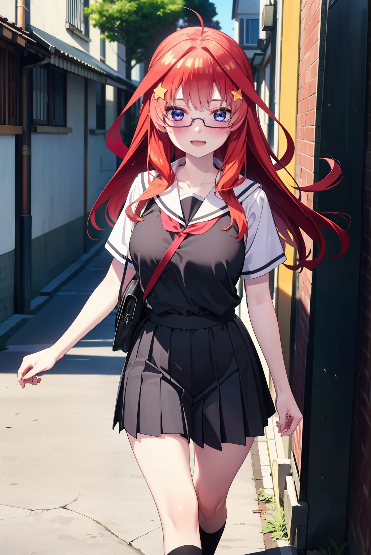 itsukinakano, Itsuki Nakano, bangs, blue eyes, Hair between the eyes, Ahoge, Redhead, star \(symbol\), hair ornaments, star 髪飾,blush,smile、happy smile, smile, Open your mouth,Akagi glasses,Big Breasts,Japan High School Girl(Black sailor suit),Short sleeve,black pleated skirt,Black knee-high socks,Brown loafers,Walking,morning,morning陽,The sun is rising,whole bodyがイラストに入るように,Walking上から見下ろす,
break outdoors, In town,Building district,
break looking at viewer, whole body,
break (masterpiece:1.2), highest quality, High resolution, unity 8k wallpaper, (figure:0.8), (Beautiful fine details:1.6), Highly detailed face, Perfect lighting, Highly detailed CG, (Perfect hands, Perfect Anatomy),