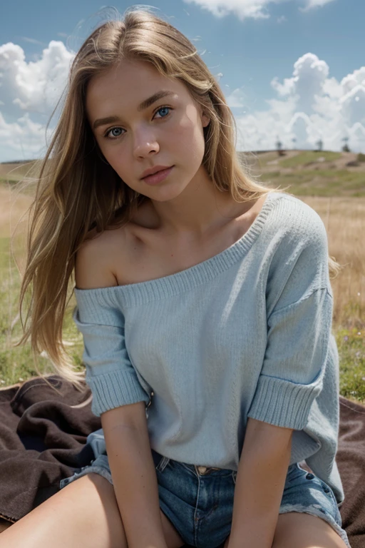 1 american girl, 8k, realistic, shoulder view, shoulder length blonde hair, sitting on blanket in grass, blue sky, white clouds, close up, brown sweater, denim shorts