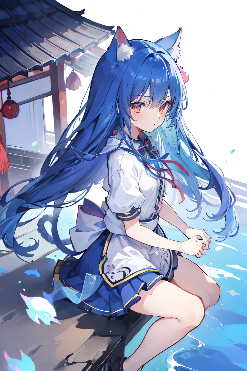 (masterpiece:1.2),Super detailed,lifelike,Expressive eyes,fair skin,perfect face shape,1 girl,
Japanese comics,Gorgeous blue hair,flowing blue hair,flowing clothes,Cat ears,Petals fall,beautiful lola,Baby Angel,
Cross your legs,Gentle and peaceful background,The pavilion is cool and comfortable, wearing hoodie, background of tokyo,back views,snowing, winter.