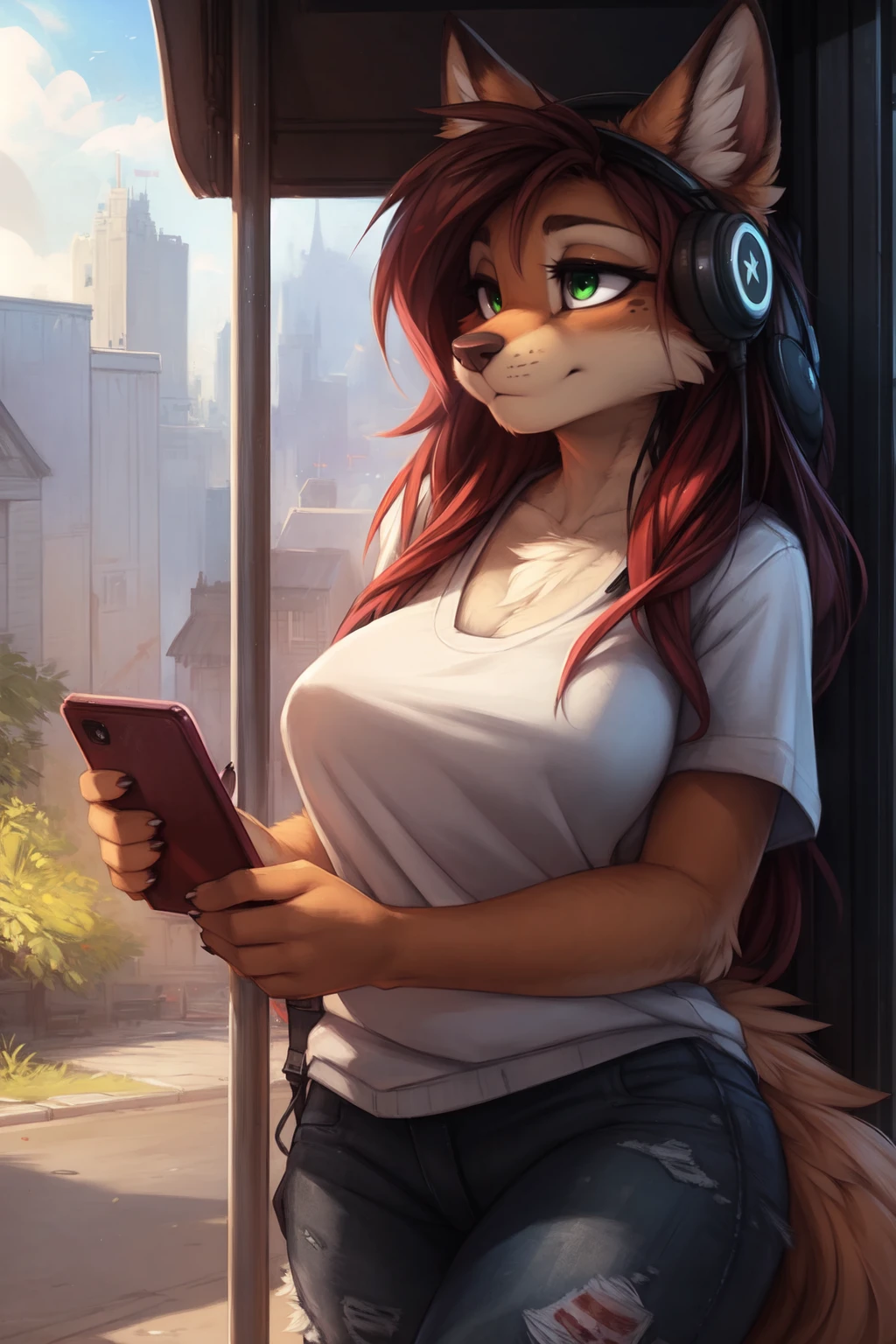 by kenket, Ross Tran, ruan jia, zaush, foxovh, by Zackary911, by hyattlen, by teranen, by fumiko, by Pixelsketcher, by Bayard Wu, by Thomas Benjamin Kennington, by Einshelm, by Kilinah, by Coffeesoda, by Hioshiru, by fluff-kevlar, bye r-mk, by Dimwitdog, Furry, Anthro, long hair, (long hair),  cinematic lighting, ((fluffy tail)), bored, wide hips, eyeshadow, eyeliner, (green eyes), (long eyelashes), big breasts, headphones around neck, holding smartphone, (looking down at smartphone), texting, tomboy, (voluptuous), bus stop, outdoors, ripped jeans, exhibitionism, open fly,