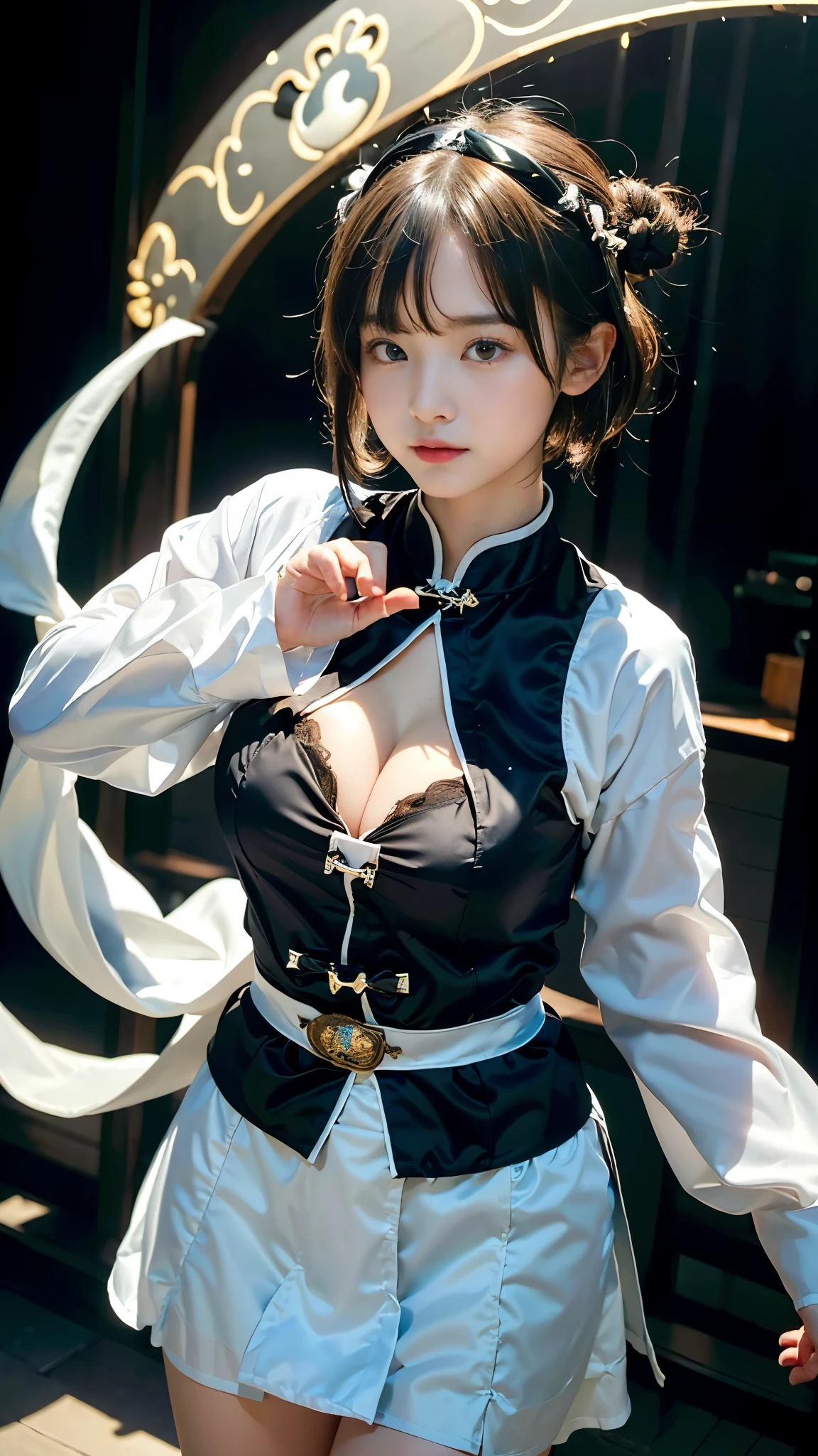 (((Cowgirl))), (Ghost Taoist Priest Costume:1.5), (Magatama:1.5), (:1.5), (Amazingly cute:1.5), ((highest quality, 8K, masterpiece)), (Photorealistic:1.4), (Baby Face:1.ect body:1.2), (Slender body line:1.2), (Small and slender figure:1.3), (Detailed eyes and face:1.2), ((Enchanting Sparkle, Mysterious atmosphere, Exciting colors, Captivating colors,Dramatic lighting, Captivating aura)), (Accurate Shadows), (View the viewer), ((Perfect Anatomy)), (Anatomically correct hand:1.2), (Detailed hands:1.3), (Large Breasts), (short hair), ((Bun Hair)), ((Long side bangs))