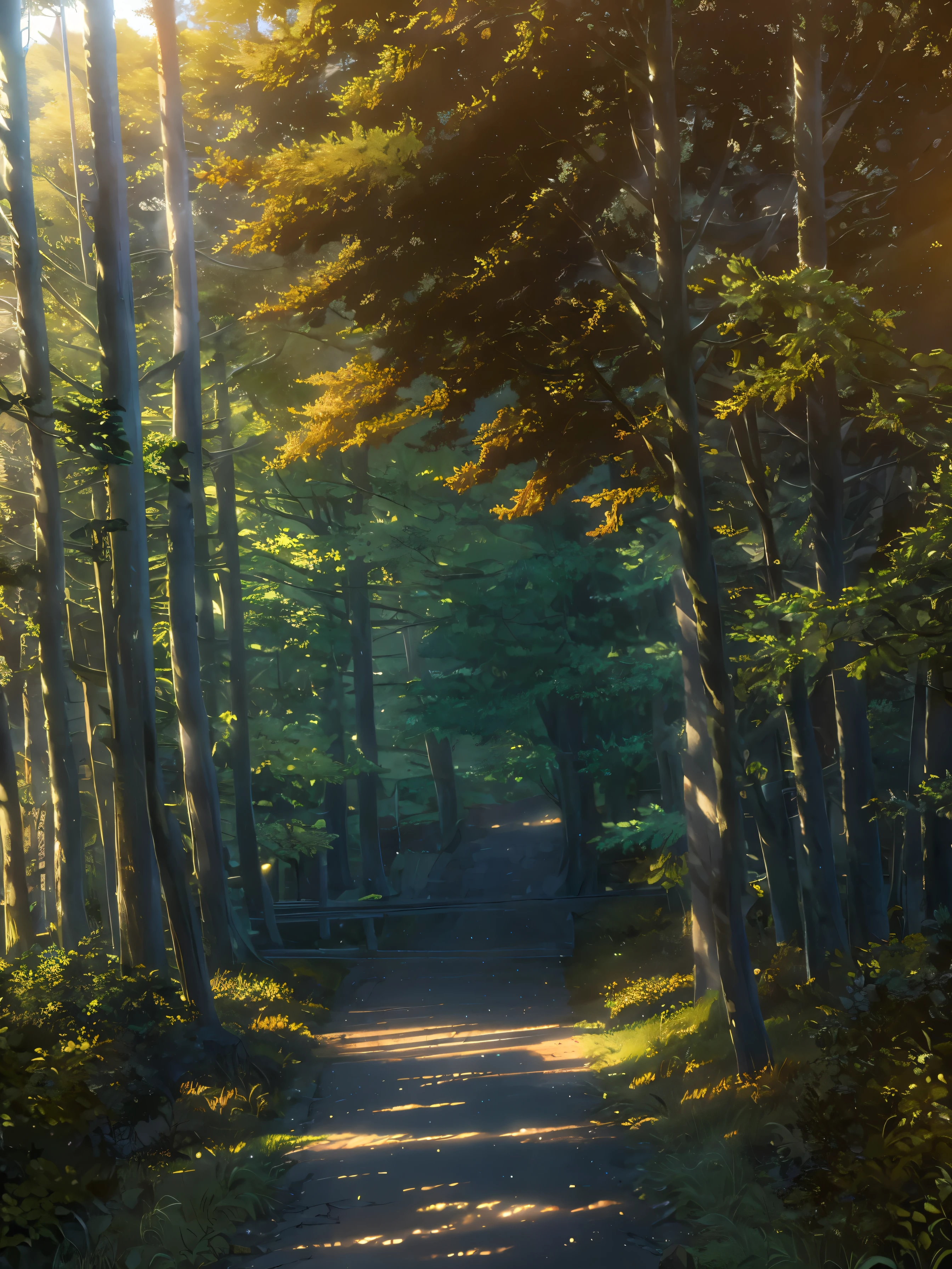 sunlight shining through the trees onto a road in the woods, autumn light, bursting with holy light, summer sunlights, rays of life, beams of sunlight, forest ray light, some rays of light, rays of light, soft green sunlight, sunrays shine upon it, forest light, shafts of light, sunbeams, sunlight beams, magical light, beams of light