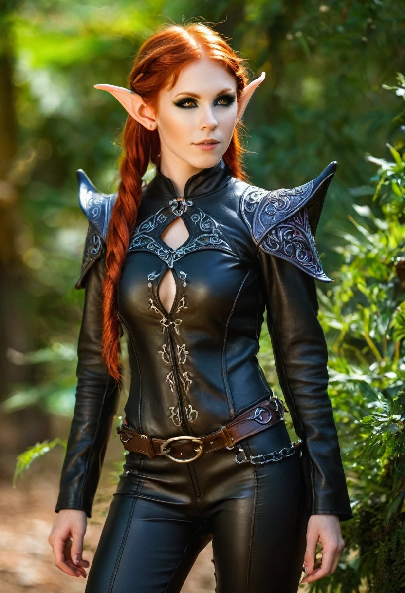 female redhead elf with beautiful elf ears, leather clothes, (insanely detailed:1.5), extremely detailed face and eyes, (black eyeliner:1.4), full body photograph, (:1.4), highly detailed skin,