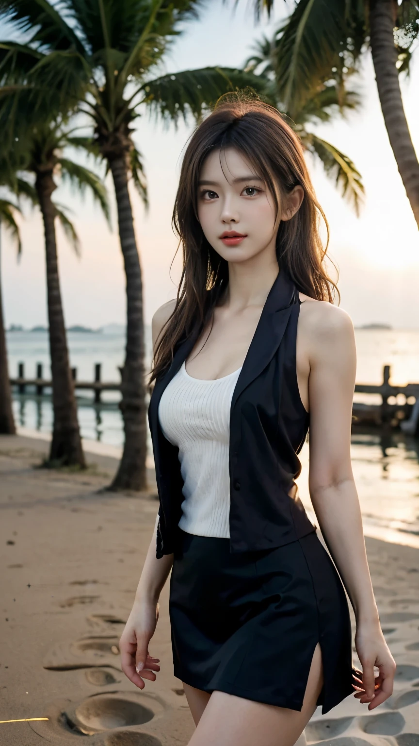 Ultra-detailed 8K photos of Japanese gravure models，Shoulder-length wavy hair and striking hazel eyes. She strikes a seductive pose on a tropical beach, dress chicly, Vest,  mini skirt, The afterglow of the setting sun casts a warm light on her, when she naughtily, Looking at the camera, Surrounded by peaceful and beautiful ocean and palm trees