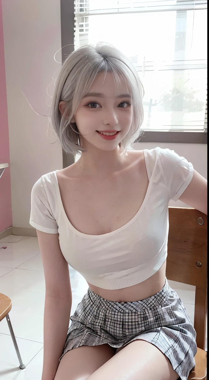 Best image quality、RAW Photos、超A high resolution、21 years old Korean、Small breasts、Dynamic Angle、Cowboy Shot、Chaos in its most beautiful form、elegant、Brutalist Design、Vibrant colors、Beautiful white hair、Short Bob、smile、fun、smile、Glowing White Skin、Beautiful eyes with random colors、Very thin lips、Beautiful eyes in every detail、length, Narrow eyes、Cheeks are pale pink、length eyelashes、Beautiful double eyelids、eye shadow、Bright white hair、Crop top、See-through shirt、Vibrant colors、Checkered Pleated Skirt、Bright room、Shooting from the side、Sit on a chair、Holding a mug