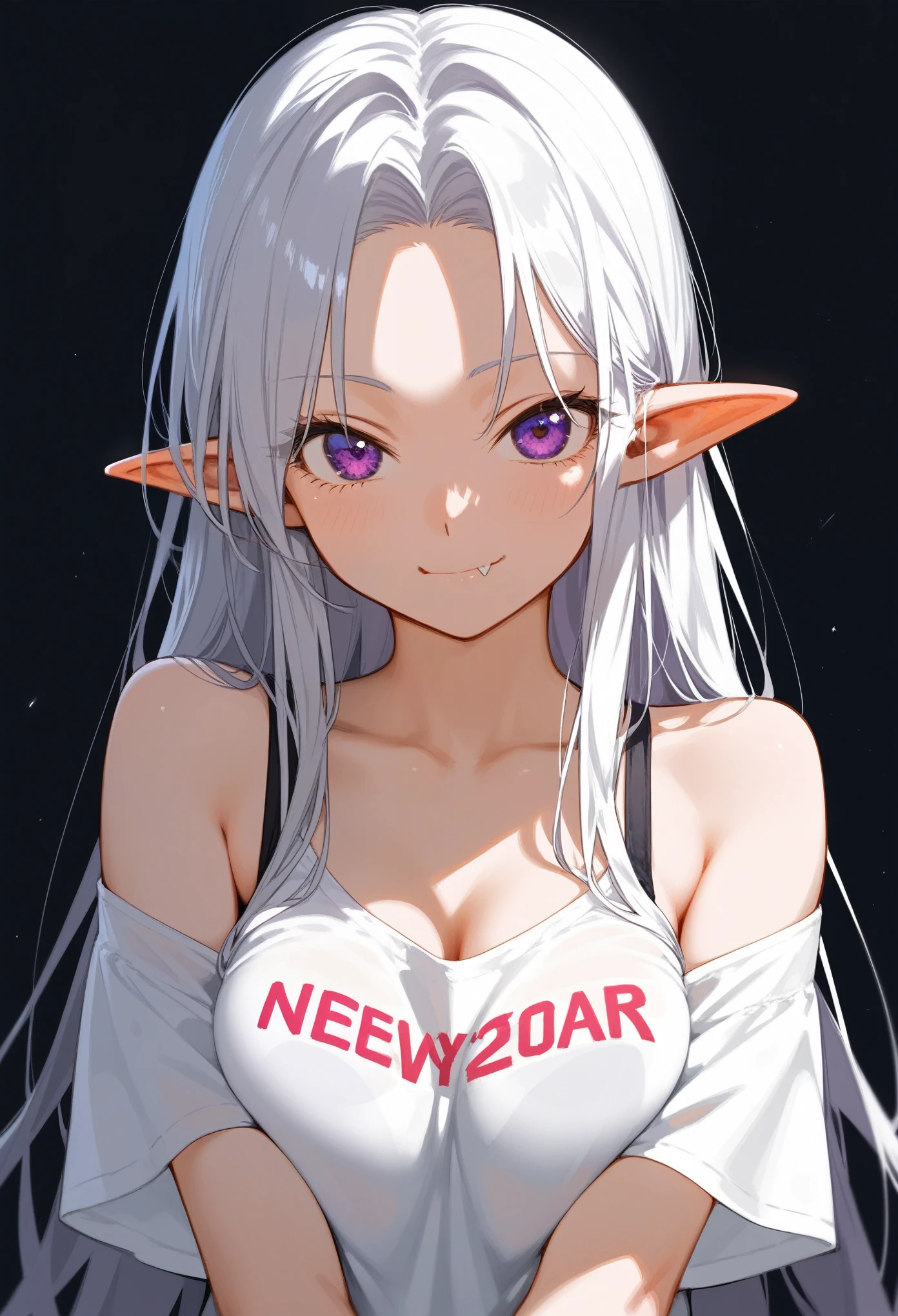 Best quality, score_9, score_8_up, score_7_up, 1girl, purple eyes, white hair, long hair, parted bangs, pointy ears, arms towards viewer, pov hug, white oversize shirt, off shoulder, short sleeves, saggy shirt, closed mouth, innexpressive, fang, medium breasts, woman, looking at viewer, black background, upper body, zoom out, 