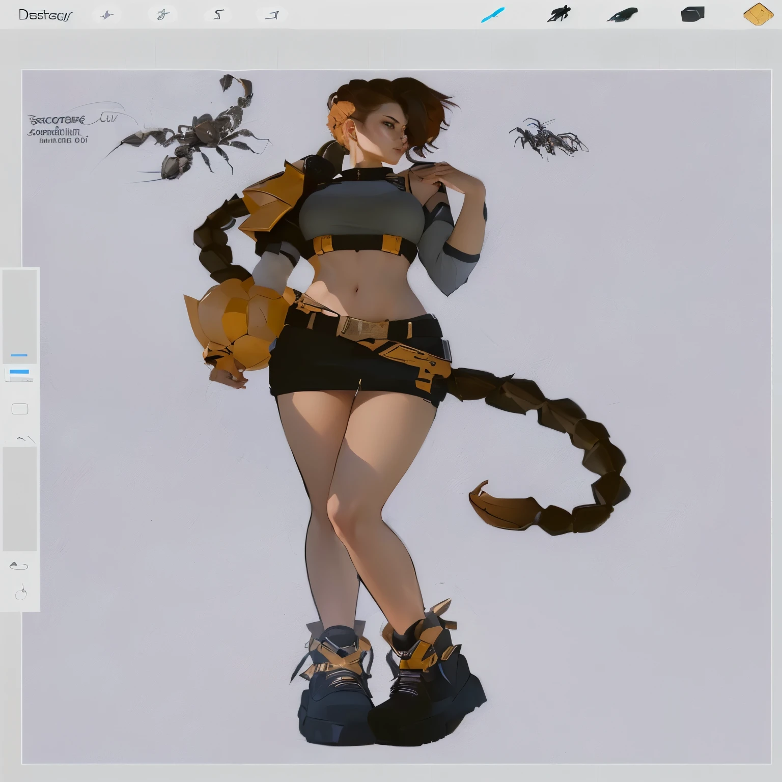 there is a drawing of a woman with a scorpion on her shoulder, insect trainer girl, detailed full body concept, unrealistic character concept, full body concept, full body portrait of a short!, detailed full body concept art, full body character concept, highly detailed exquisite fanart, concept art character, concept artstyle, deviantart artstation cgscosiety, full body character design