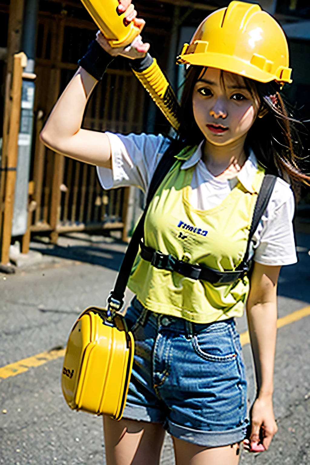 a girl working holding a hammer at a construction site. wearing a yellow hard hat and a yellow vest