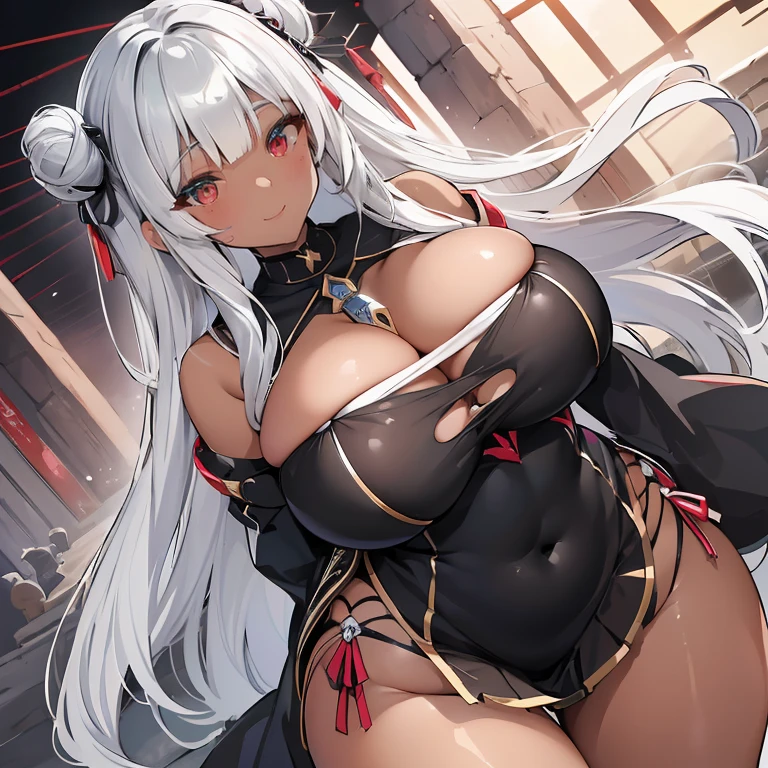 Expressive eyes, (((1 girl))), ((anime)), (Silver Hair), ((Red eyes)),(Half closed eyes), ((very Big Breasts)), ((Firm breasts)), ((Exposed thighs)),((goddess,Angel))((Black Dress,See through)), ((Big Breasts,and ass)), ((Blunt bangs)), ((People with dark skin,Tanned dark skin)), ((In the temple)), Captivating smile, Princess Cut, Shiny Hair, (masterpiece), Anatomically Correct Art, Very detailed, Advanced Details, high quality, 最high quality, High resolution, 4K, 8k, ((Micro Mini Skirt)),(((Captivating smile))),