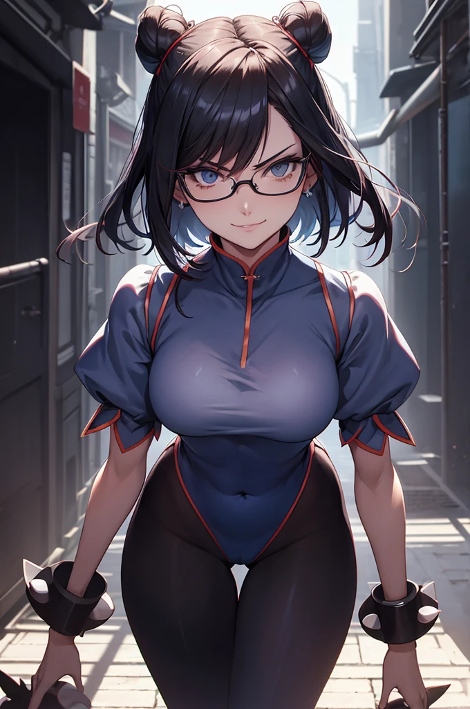 oculos no rosto,juri han,olhar penetrante,evil look,oculos no rosto,melhor qualidade,,juri han,solo, masterpiece, best quality, agrias, grey sweater, black leotard, standing, looking at viewer, short hair,oculos,evil smile, evil look,luvas preta,roupa azul,yandere rosto,low lighting,coxa sarada copo detalhado,olhando para frente juri han,bela,cidade a noite