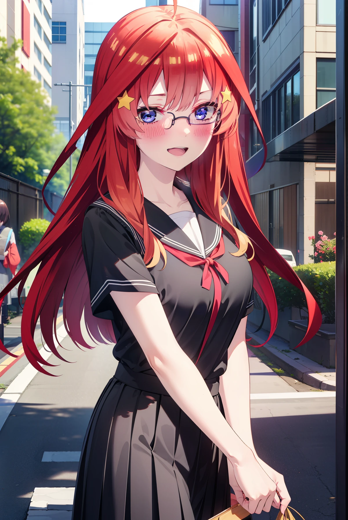 itsukinakano, Itsuki Nakano, bangs, blue eyes, Hair between the eyes, Ahoge, Redhead, star \(symbol\), hair ornaments, star 髪飾,blush,smile、happy smile, smile, Open your mouth,Akagi glasses,Big Breasts,Japan High School Girl(Black sailor suit),Short sleeve,black pleated skirt,Black knee-high socks,Brown loafers,Walking,morning,morning陽,The sun is rising,whole bodyがイラストに入るように,Walking上から見下ろす,
break outdoors, In town,Building district,
break looking at viewer, whole body,
break (masterpiece:1.2), highest quality, High resolution, unity 8k wallpaper, (figure:0.8), (Beautiful fine details:1.6), Highly detailed face, Perfect lighting, Highly detailed CG, (Perfect hands, Perfect Anatomy),