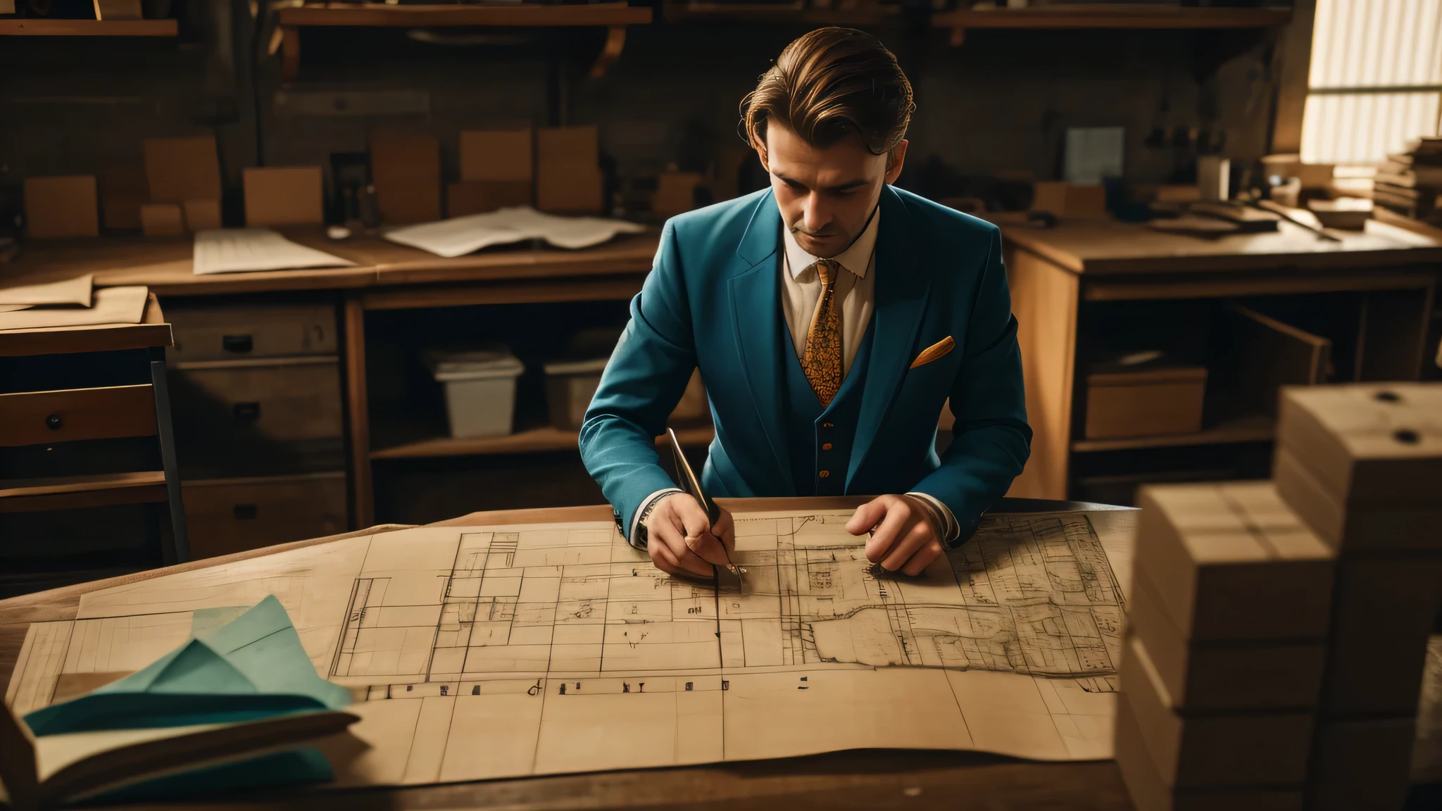 vintage man wearing vintage suit in a workshop looking down at a construction  paper plan on the table,  dramatic vintage colors