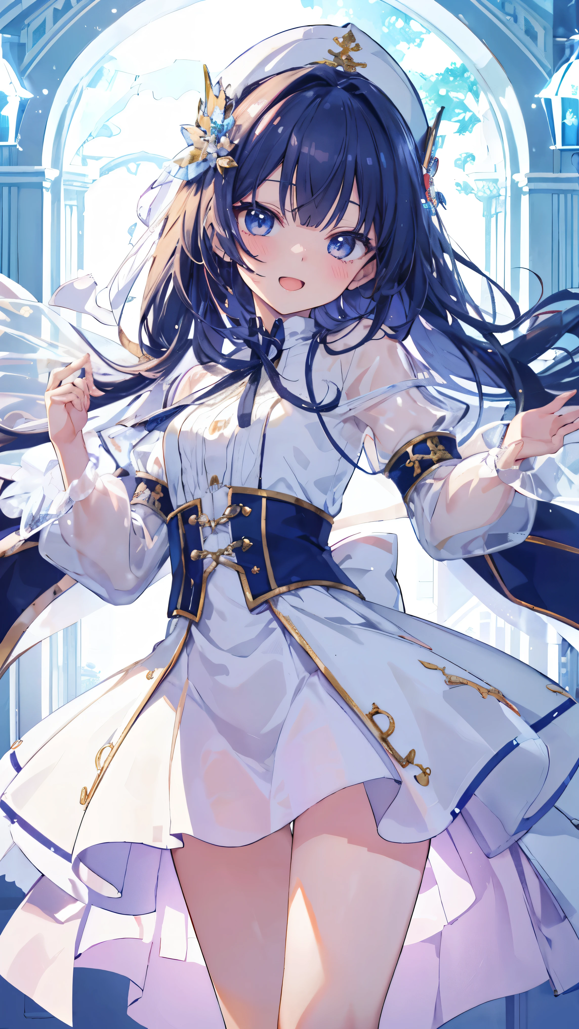 Masterpiece、Highest quality、highest quality、((((Transparency))))、(Open Mouth Smile)、Shiny hair quality、Small face、Dynamic pose、Super detailed, beautiful, wide eyes、Ultra-detailed, clear and beautiful faces、(cute illustration:1.2), High-resolution, ultra-detailed, best quality, embarrassed、Thighs, Awards, Anatomically correct

