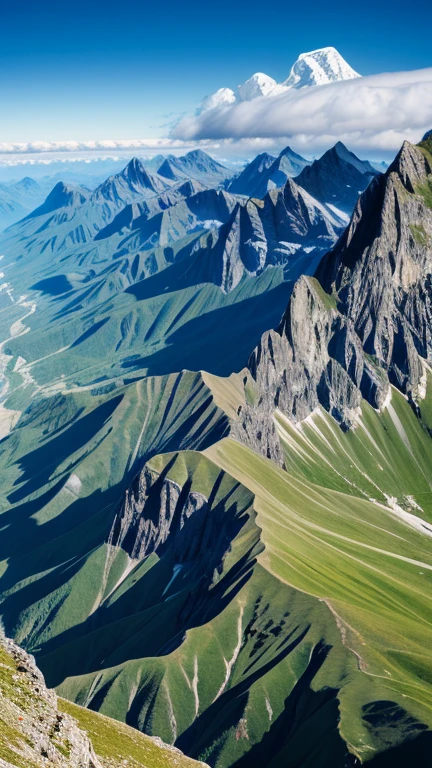 A realistic painting, a mountain photographed with a camera, mountains, mountain ranges, high mountains, summits, views from the top of the mountain, spectacular views, summer, daytime