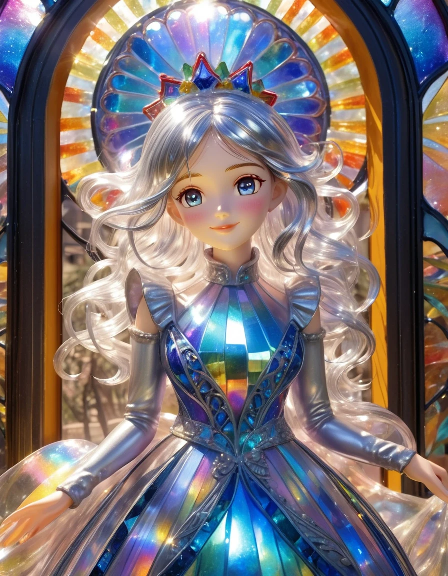 A sculpture made of Carnival glass, The Silver-Haired Princess Made of Glass, smile, She stands within a transparent glass castle, her silver hair reflecting the sun’s light, creating a rainbow shimmer around her. Her eyes are a deep blue, holding the twinkle of stars. She is a fragile and beautiful presence, singing softly within the castle. Iridescent surfaces, vibrant colors, intricate patterns, opalescent hues, reflective and prismatic effects, Art Nouveau and Art Deco influences, vintage charm, intricate detailing, lustrous and luminous appearance, Carnival Glass style. 