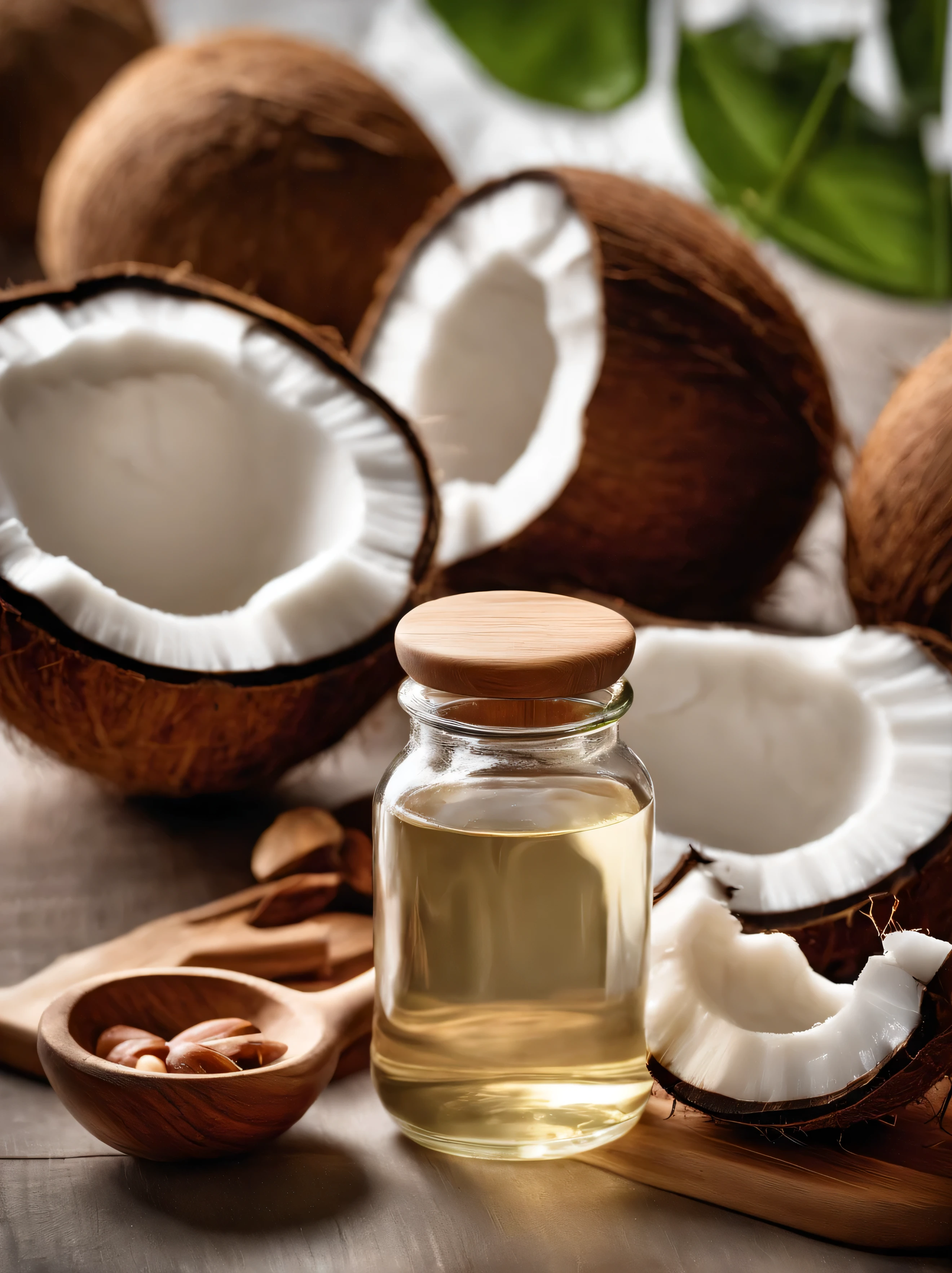 Generate a visually appealing and realistic image of coconut oil. In a modern kitchen The main focus should be a clear glass jar filled with pure, white coconut oil,.. Beside the jar, depict a coconut cut in half, showing the fresh white meat from which the oil is derived. Include subtle details like the fibrous outer shell of the coconut and a small, wooden spoon resting against the jar, suggesting its use in cooking or skin care. Aim for a soft lighting setup that highlights the natural sheen of the coconut oil and evokes a sense of purity and naturalness. The overall composition should be simple yet elegant, suitable for use in a culinary or health and wellness context." 
