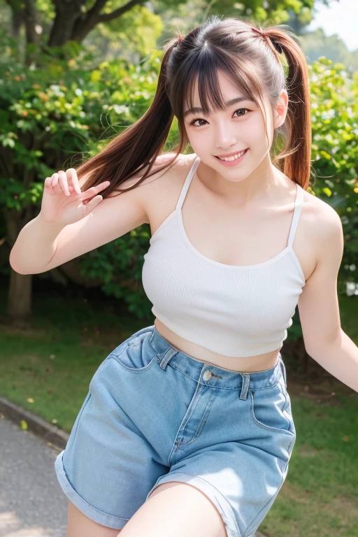 Ultra high definition、masterpiece、correct、Anatomically correct、Textured skin、Very detailed、High detail、high quality、最high quality、High resolution、8k、Surrealism、Raw photo、whole body、Beautiful age Woman、A realistic front view of a Japanese woman with brown hair in twin tails, wearing a white tank top and red cargo pants, smiling and jumping in a park