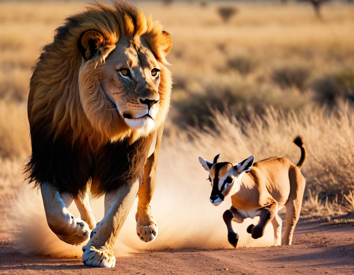 (best quality,4k,8k,highres,masterpiece:1.2),ultra-detailed,(realistic,photorealistic,photo-realistic:1.37),animal photography,landscape,studio lighting,vivid colors,wildlife,close-up shots,candid moments,eye-catching compositions,natural behavior,animal portraits,sharp focus,bokeh,wide angle lens,animal habitats,endangered species,exotic locations,macro shots,dramatic lighting,incredible textures,breathtaking moments,fast shutter speed,freezing motion,splendid architecture,beautiful wildlife,unforgettable encounters,unique perspectives,stunning wildlife photography,(lion chasing an antelope:2),HDR,UHD
