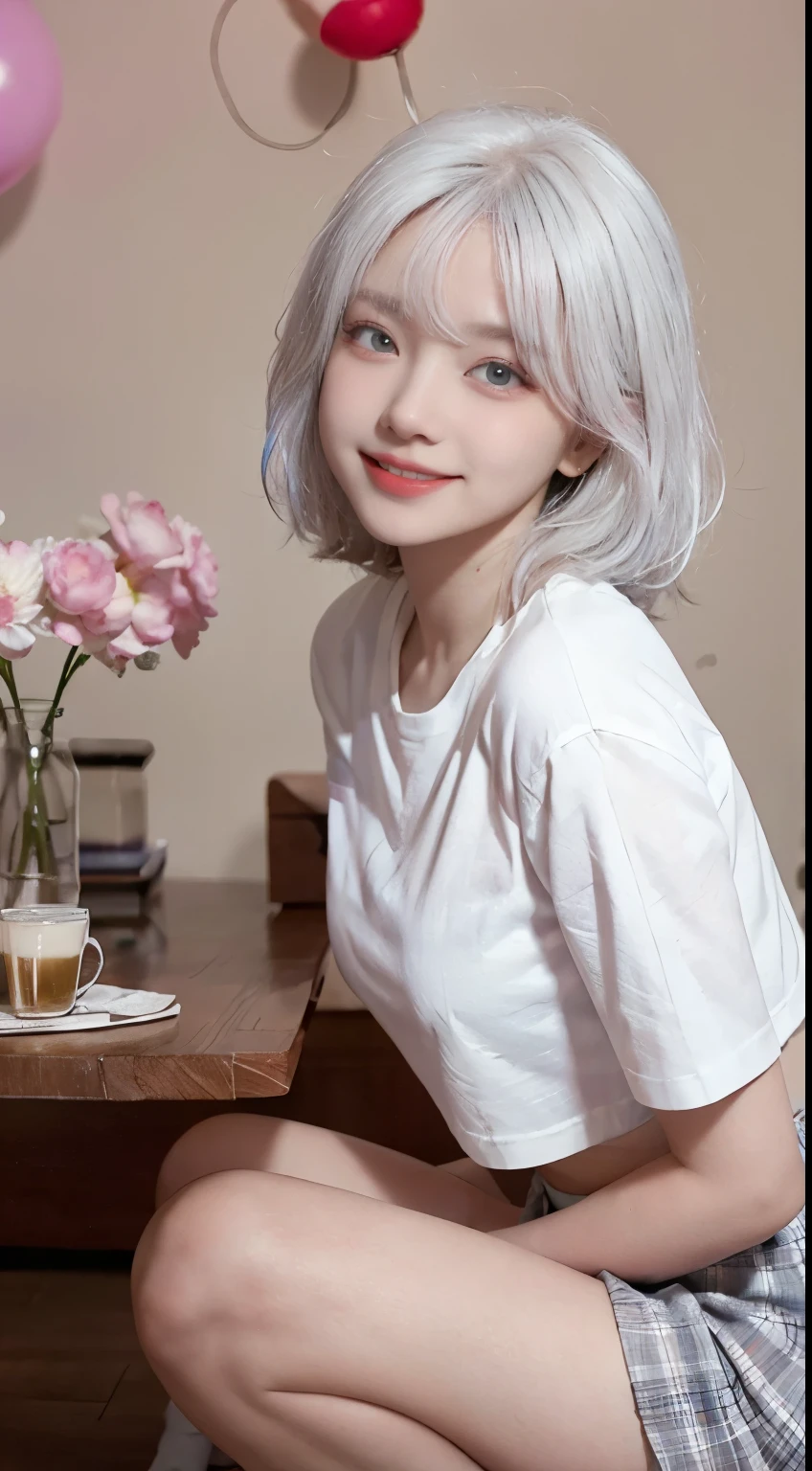 Best image quality、RAW Photos、超A high resolution、21 years old Korean、Small breasts、Dynamic Angle、Cowboy Shot、Chaos in its most beautiful form、elegant、Brutalist Design、Vibrant colors、Beautiful white hair、Short Bob、smile、fun、smile、Glowing White Skin、Beautiful eyes with random colors、Very thin lips、Beautiful eyes in every detail、length, Narrow eyes、Cheeks are pale pink、length eyelashes、Beautiful double eyelids、eye shadow、Bright white hair、Crop top、See-through shirt、Vibrant colors、Checkered Pleated Skirt、Bright room、Shooting from the side、squat、Holding a mug