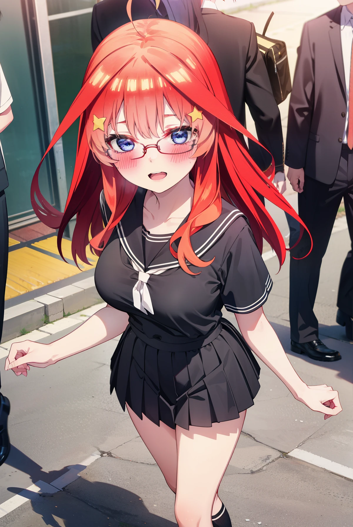 itsukinakano, Itsuki Nakano, bangs, blue eyes, Hair between the eyes, Ahoge, Redhead, star \(symbol\), hair ornaments, star 髪飾,blush,smile、happy smile, smile, Open your mouth,Akagi Glasses,Big Breasts,Japanese schoolgirl(Black Sailor Suit),Short sleeve,Black pleated skirt,Knee socks,Brown Loafers,walk,morning,morning陽,The sun is rising,whole bodyがイラストに入るように,walk,Looking down from above,
break outdoors, city,construction area,
break looking at viewer, whole body,
break (masterpiece:1.2), highest quality, High resolution, unity 8k wallpaper, (shape:0.8), (Beautiful details:1.6), Highly detailed face, Perfect lighting, Extremely detailed CG, (Perfect hands, Perfect Anatomy),